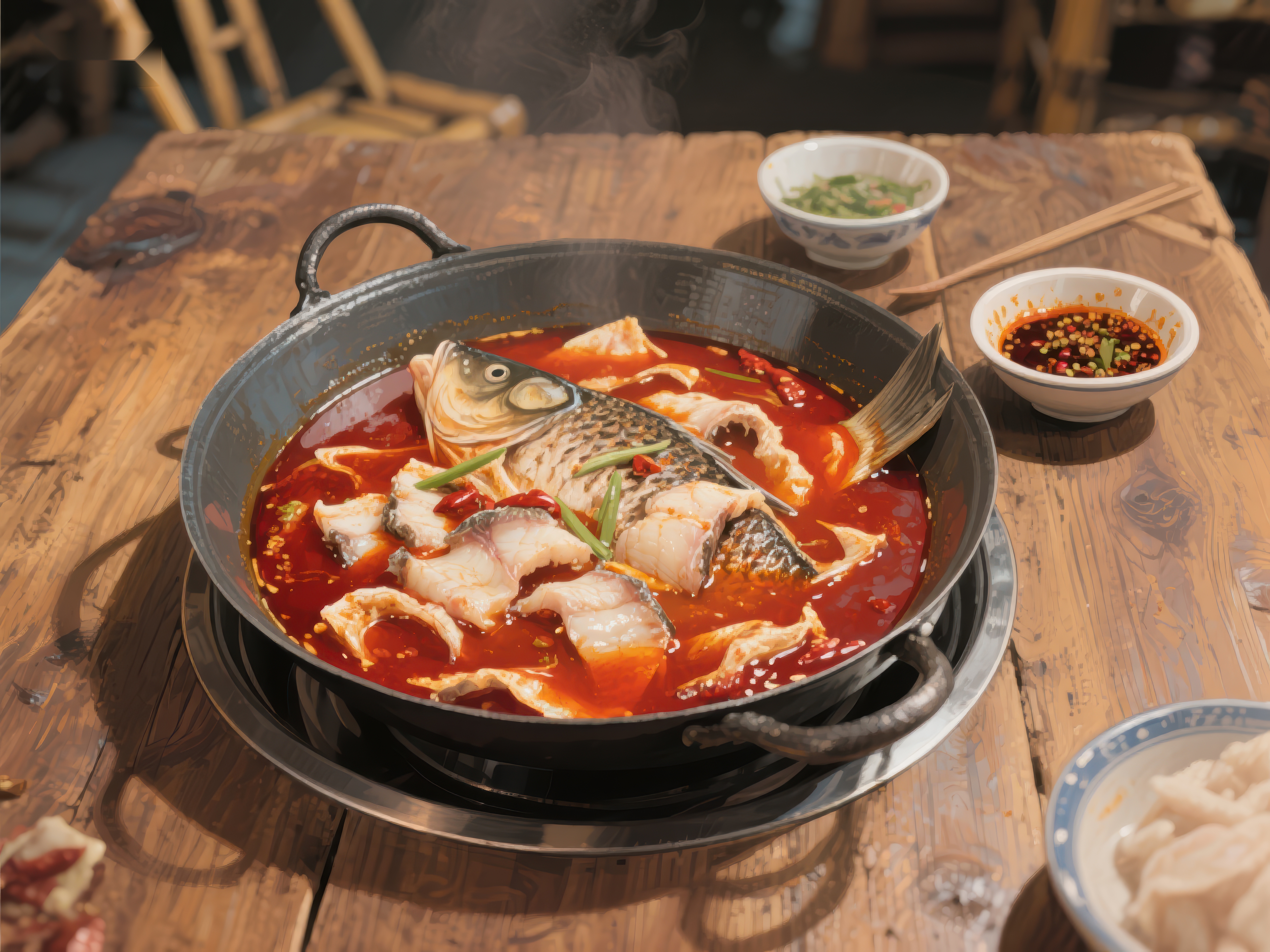 麻辣鱼火锅热气腾腾的美味佳肴素材