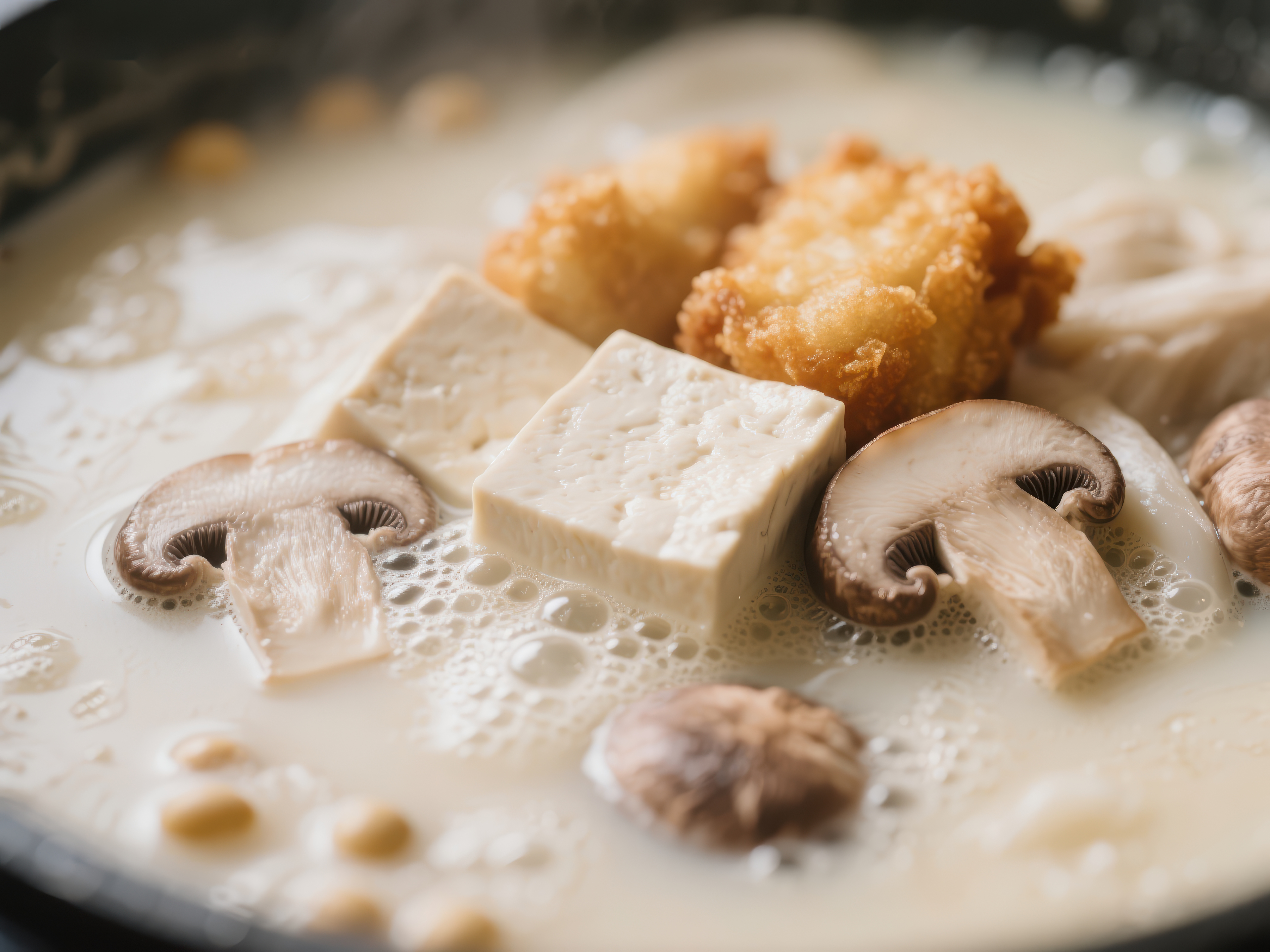 热煮豆腐蘑菇与炸物的美味汤品素材