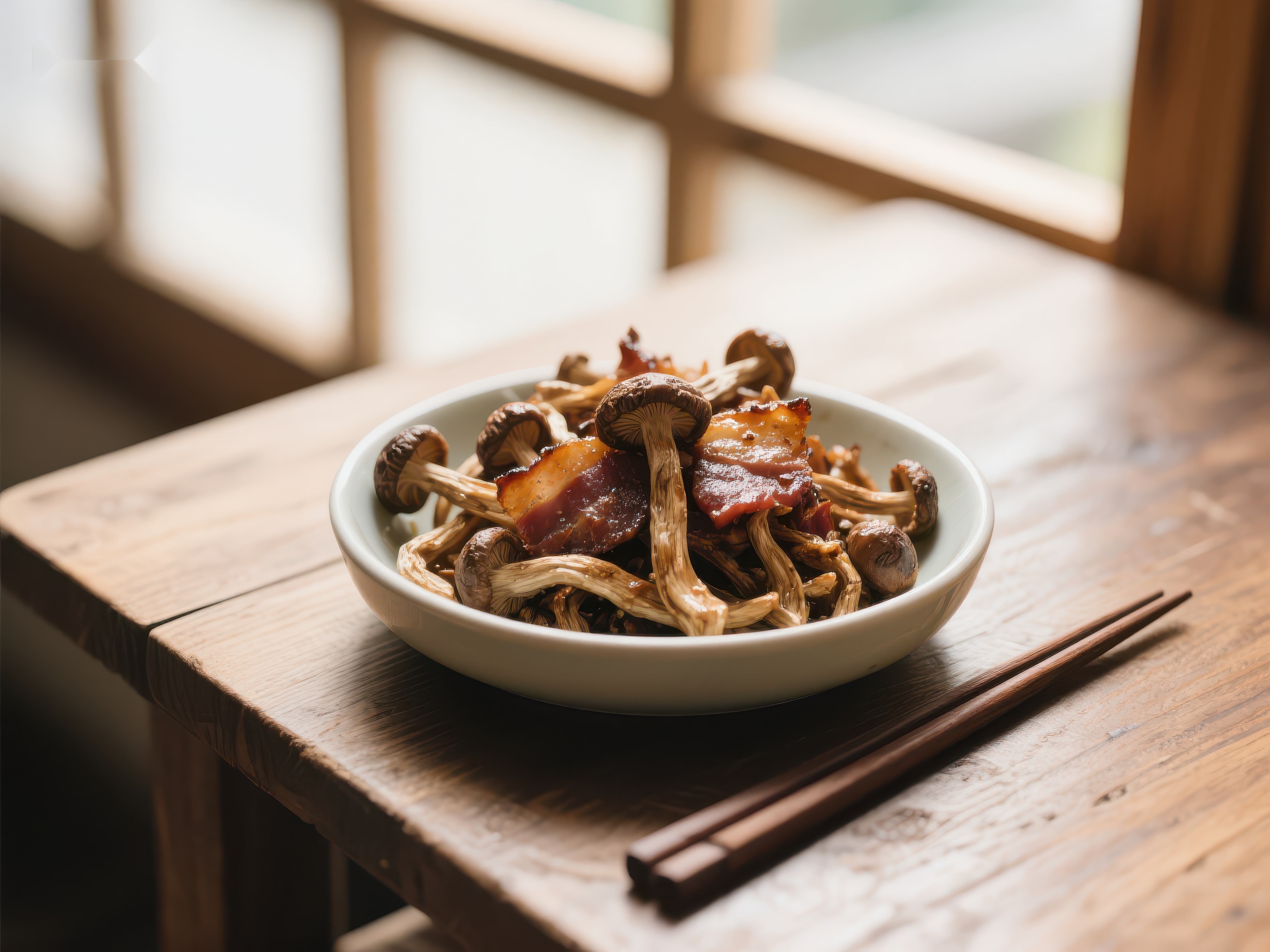 菌菇培根炒菜木桌上的美味佳肴素材