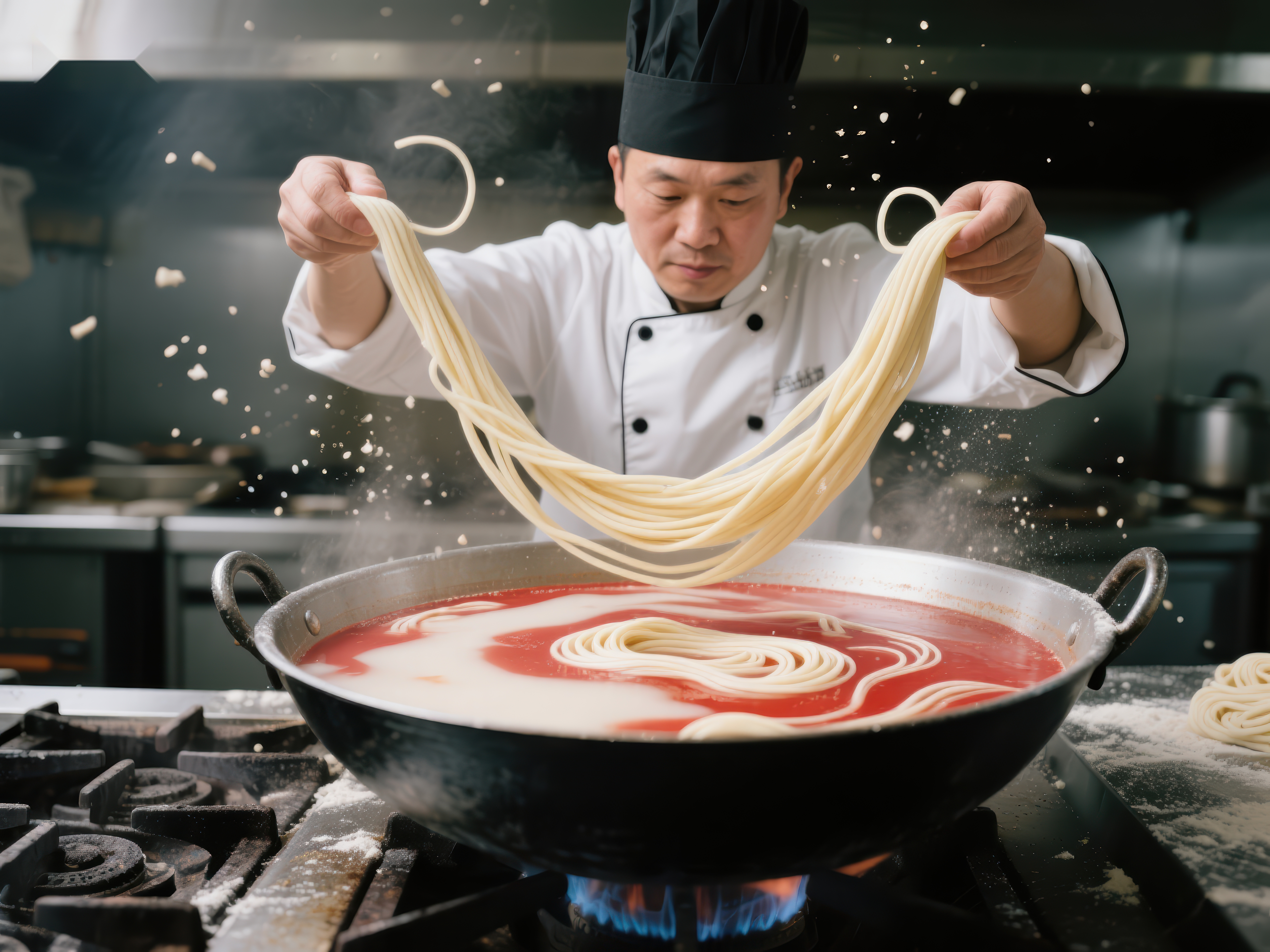 厨师抛洒面条制作美食素材