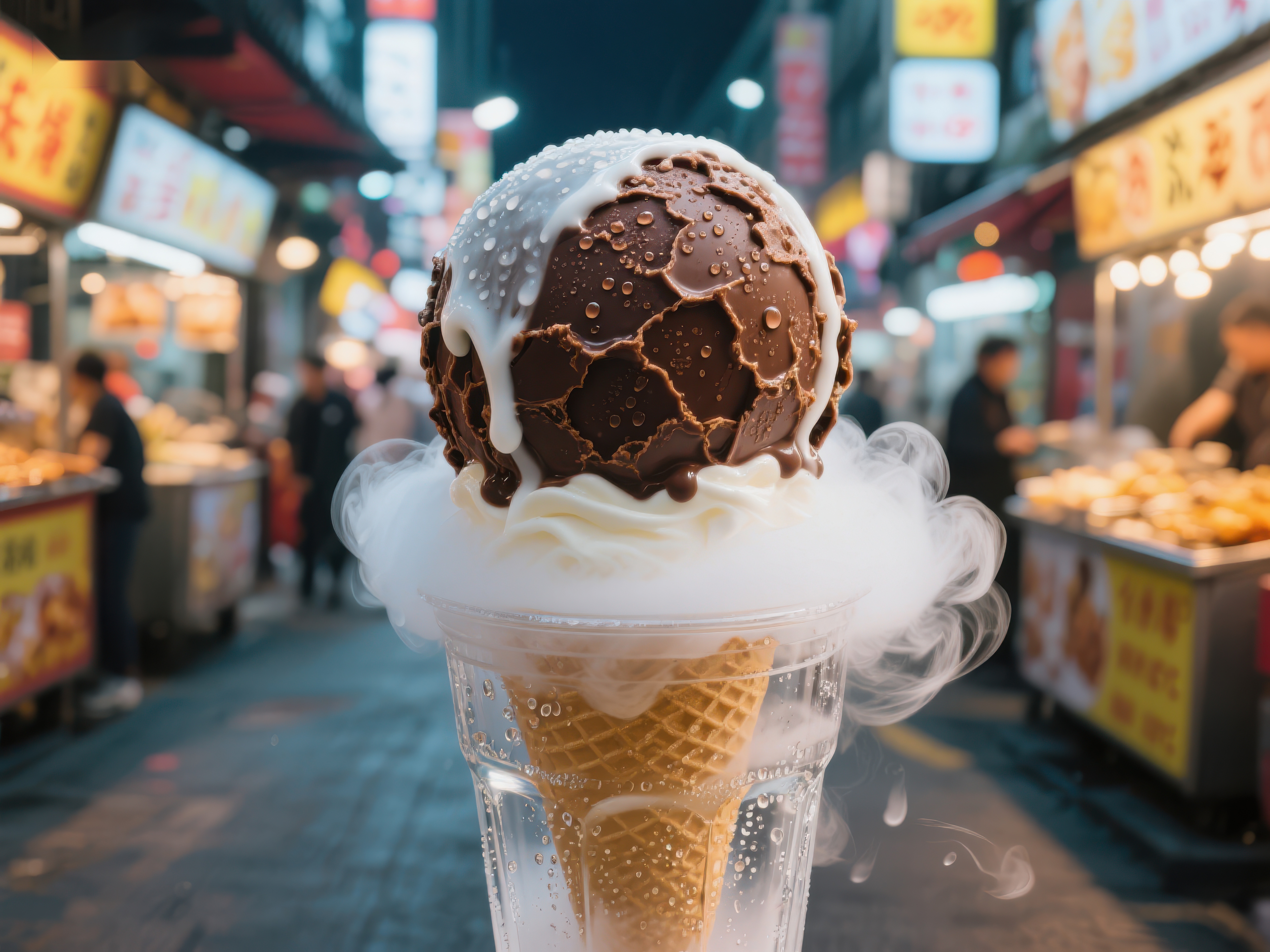 巧克力冰淇淋球与干冰烟雾素材