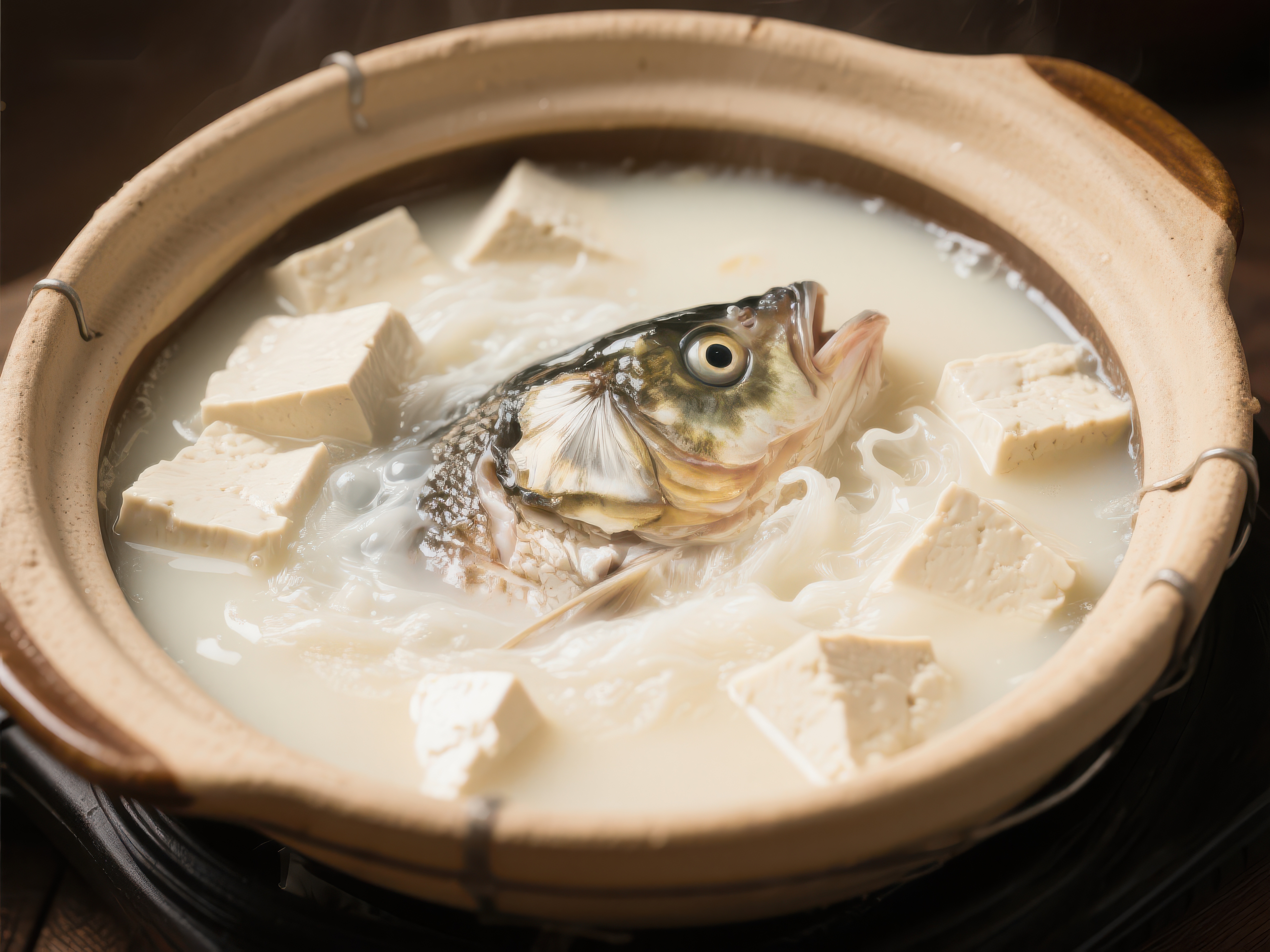 鱼头豆腐汤热气腾腾的美味素材