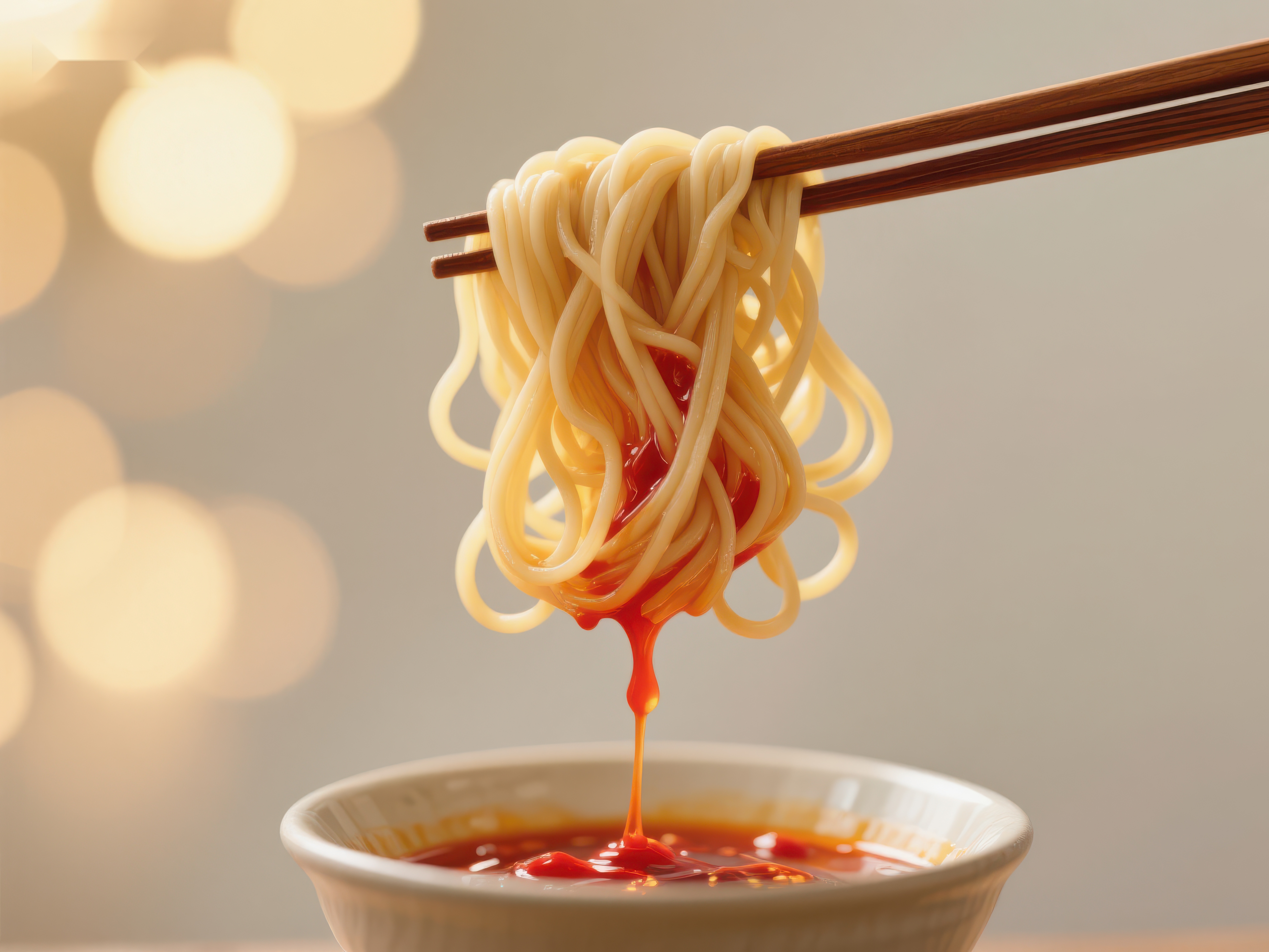 筷子夹起面条酱汁滴落碗中素材