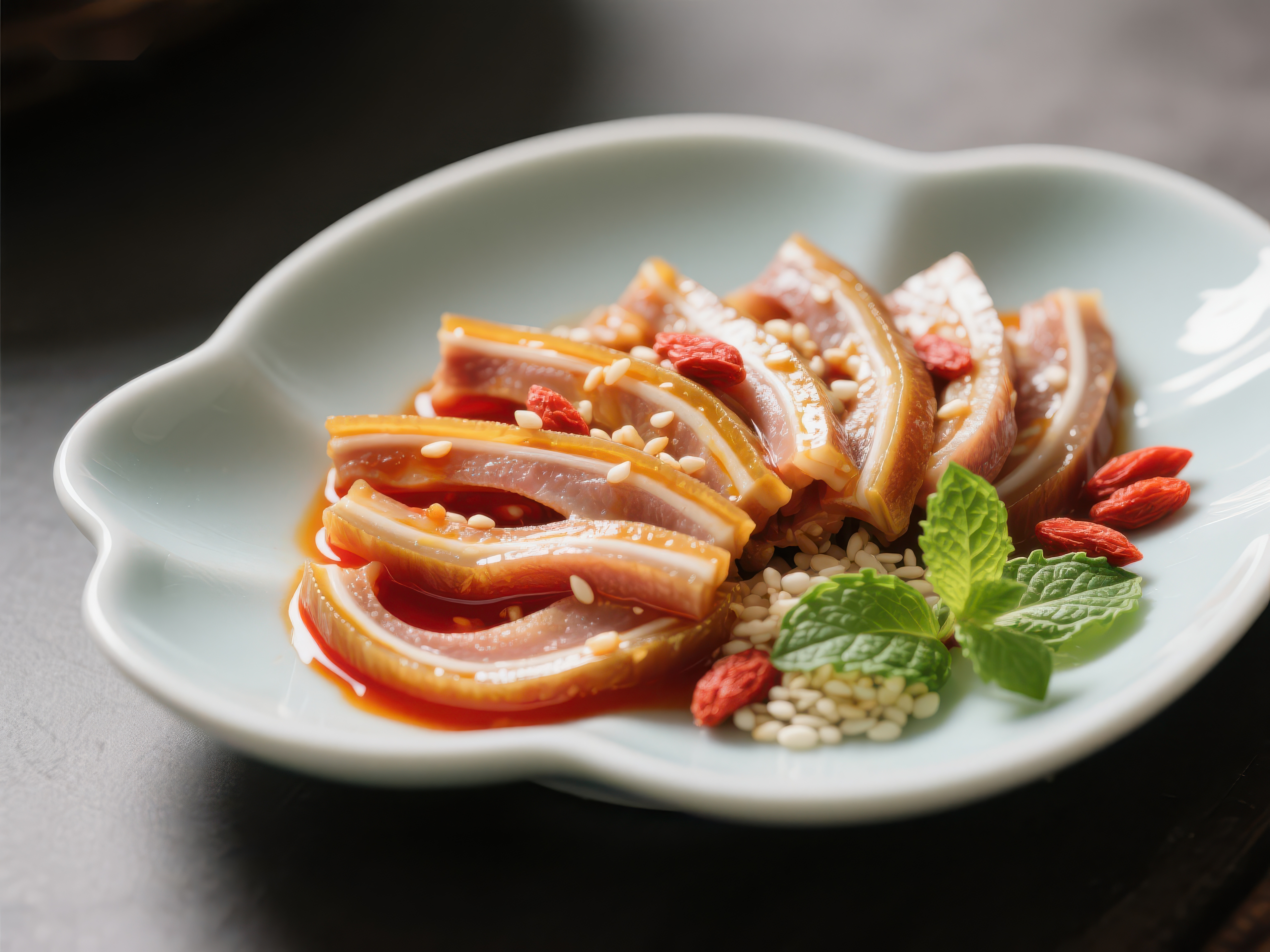 精致摆盘的腌制肉类料理素材