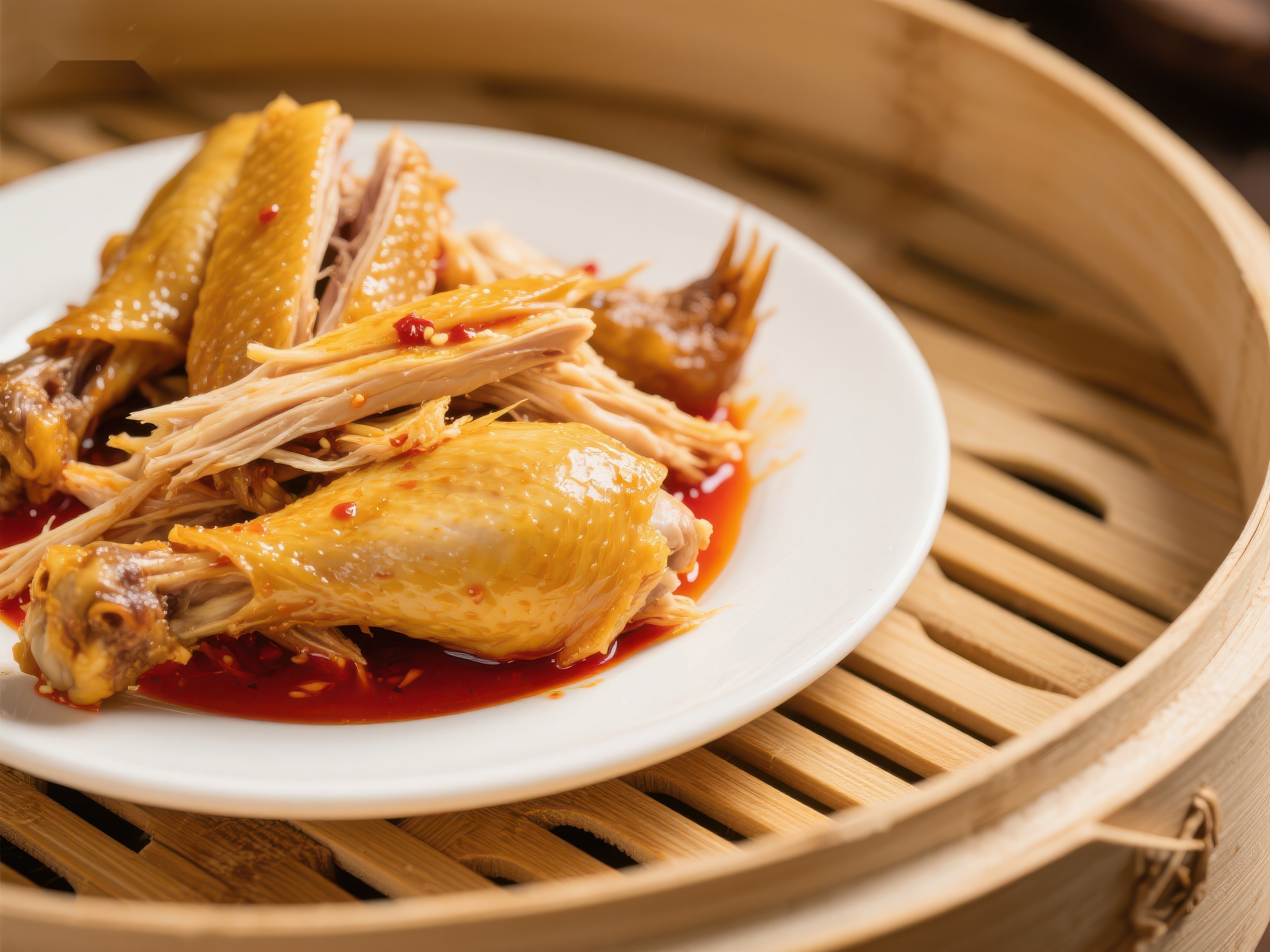 蒸笼中的美味鸡肉料理素材