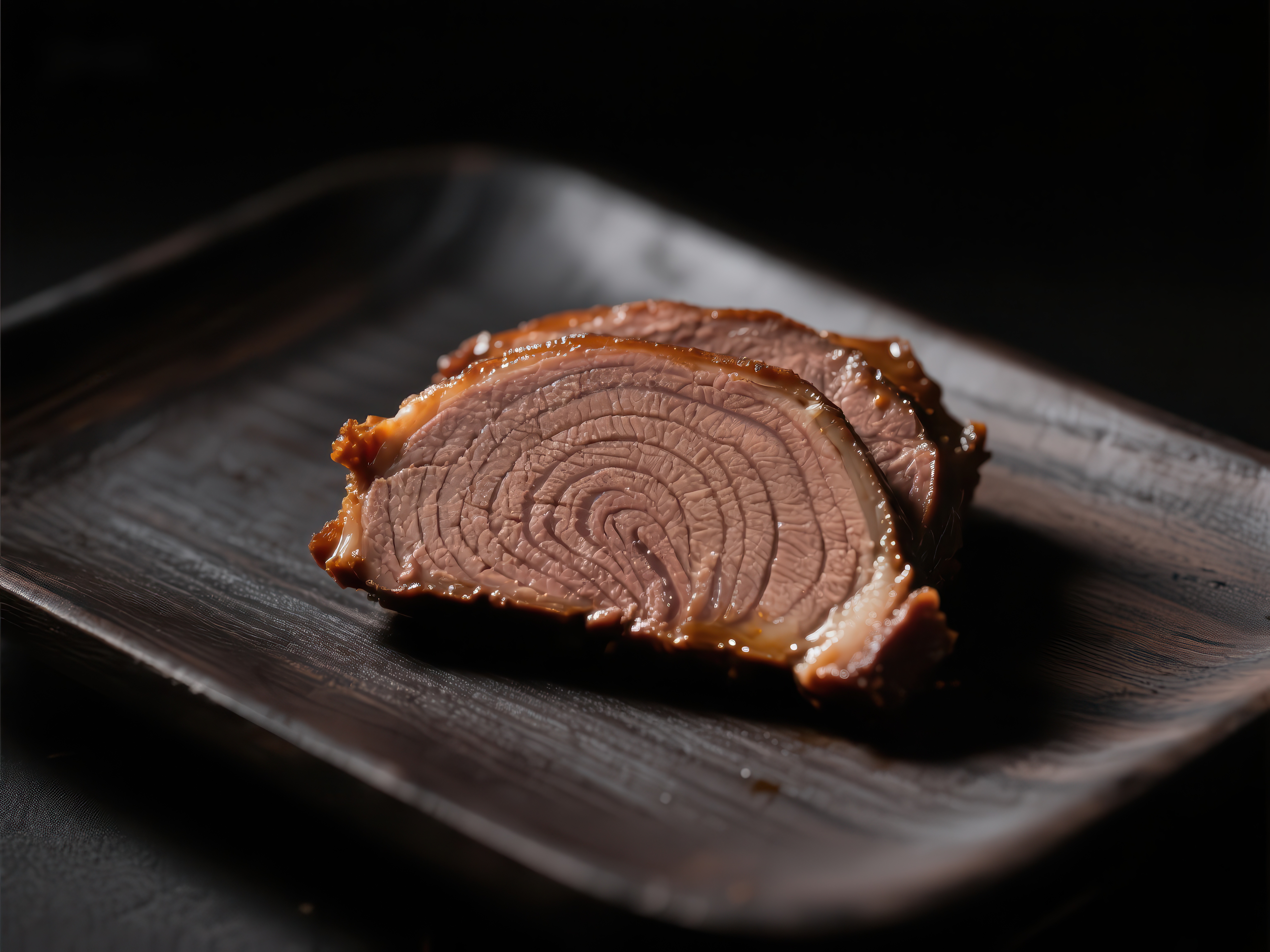 精致切片肉品置于深色盘中素材