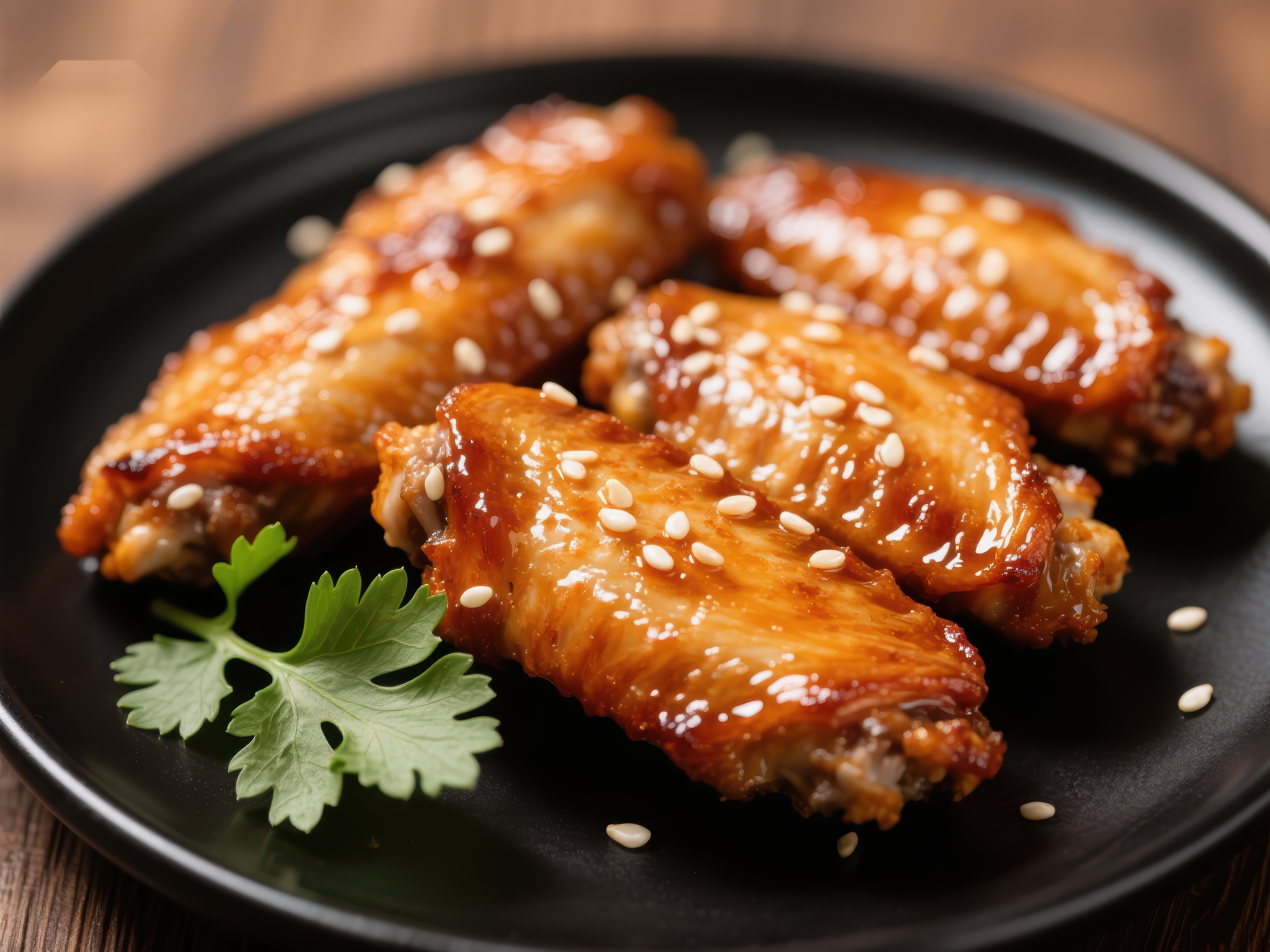 美味烤鸡翅配芝麻和香菜素材