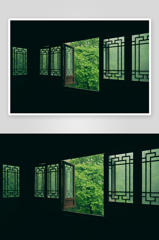 古典窗格映衬绿意盎然