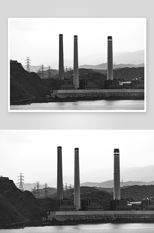 工业烟囱与山水背景
