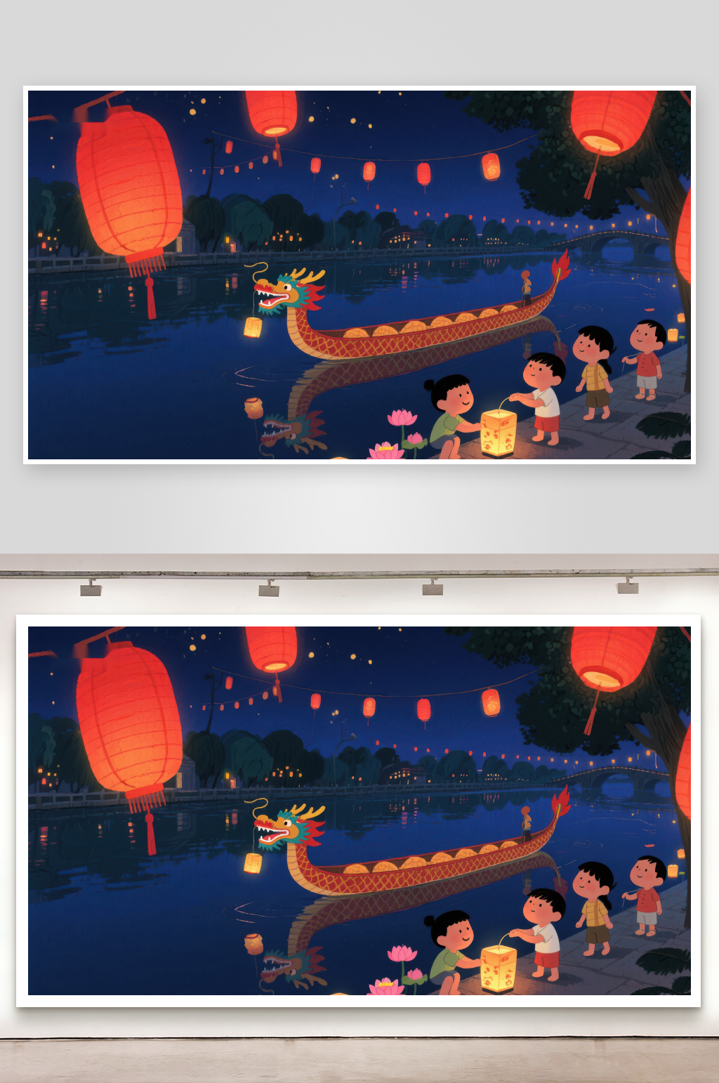夜景龙舟与孩童欢庆素材