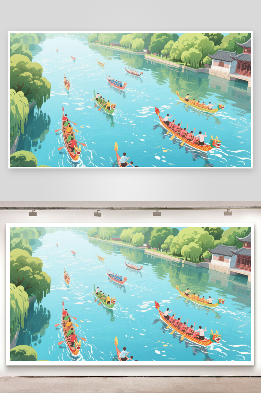 龙舟竞渡碧水环绕古建筑素材