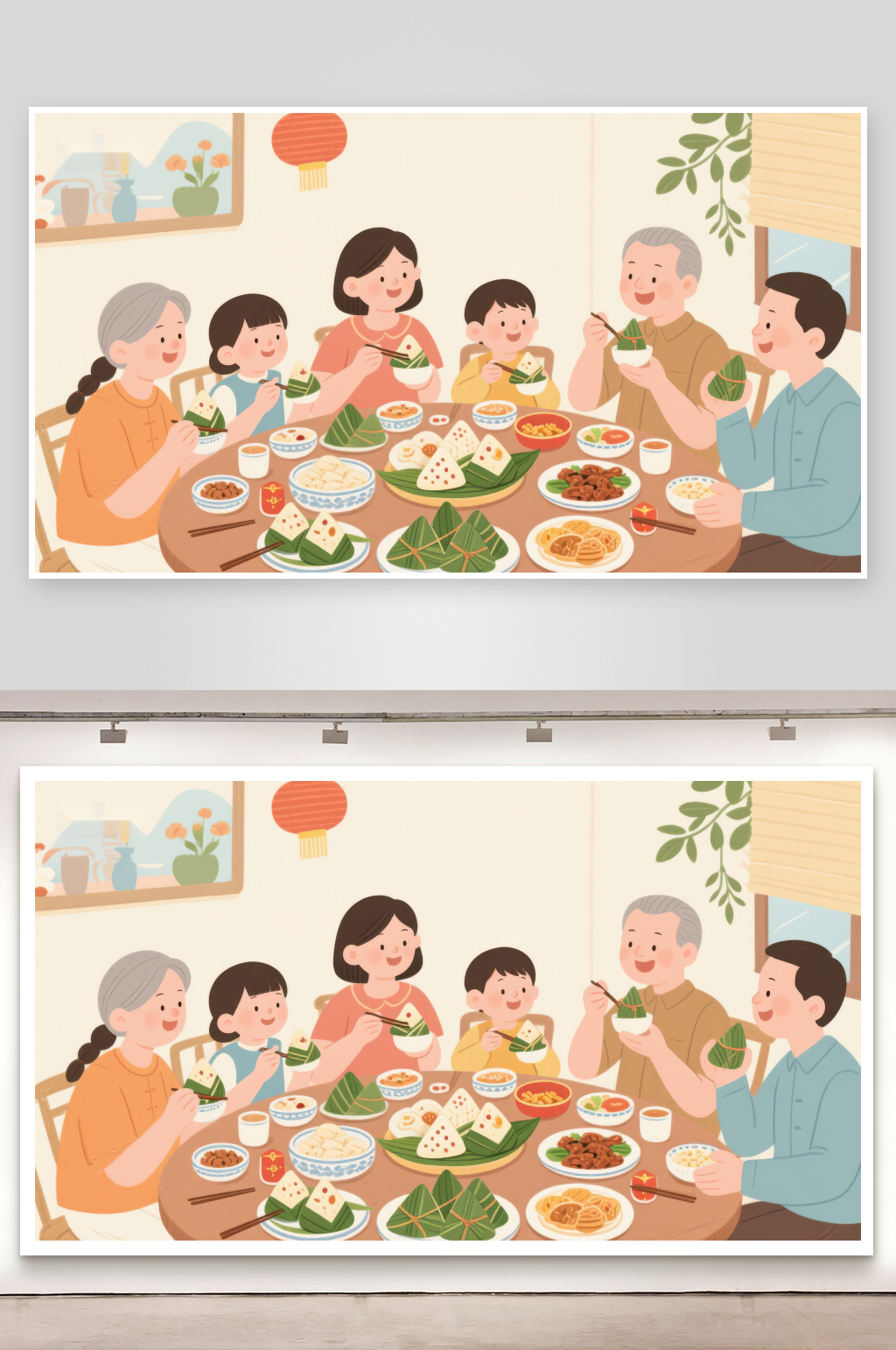 家庭围坐餐桌共享美食素材