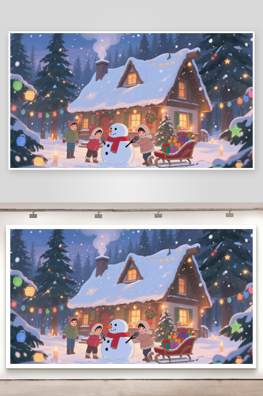 冬夜温馨小屋与雪人素材