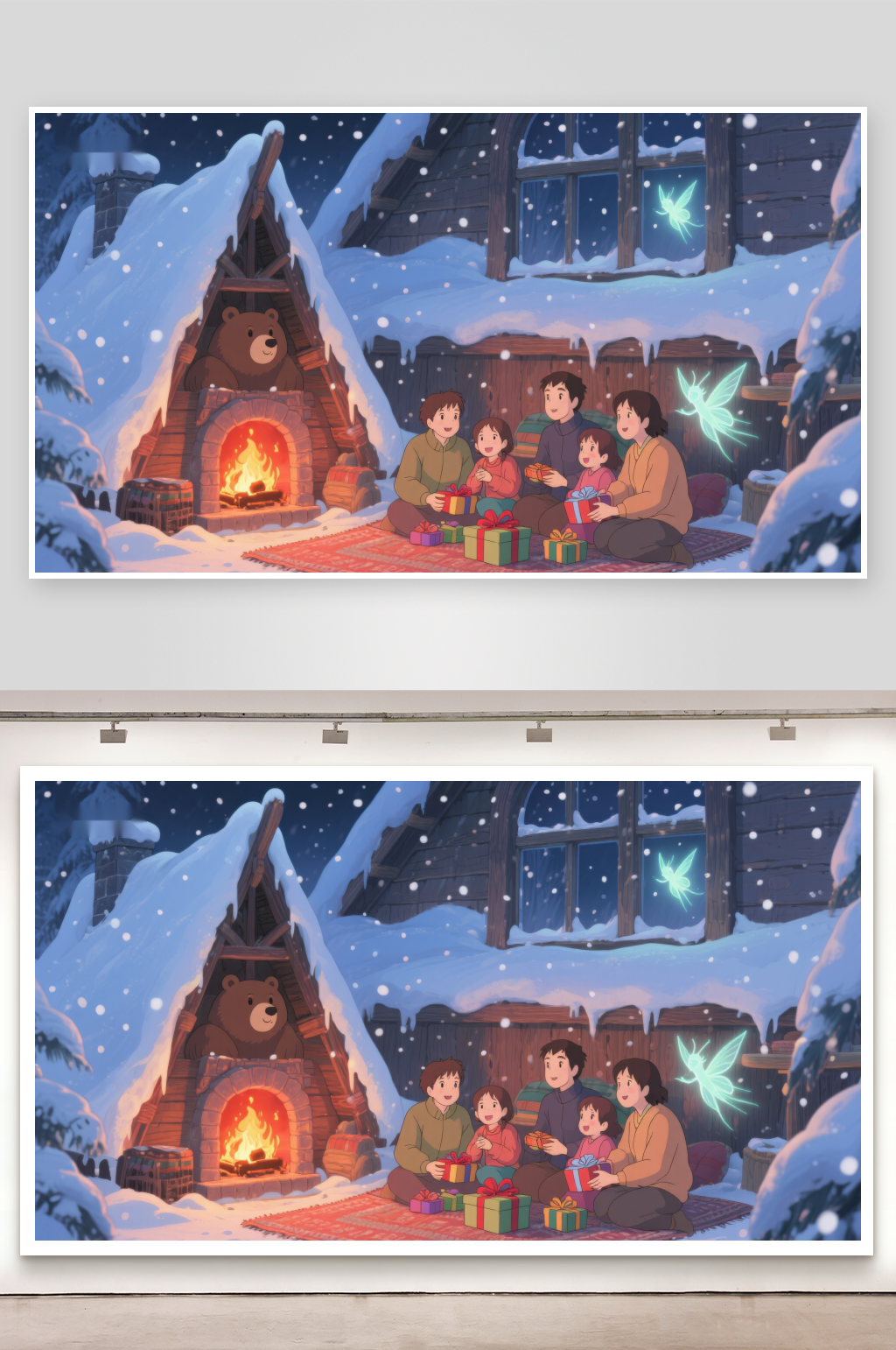 冬夜雪地里的温馨家庭聚会素材