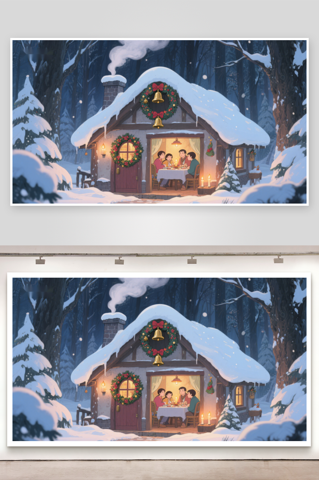 雪夜温馨小屋家人围炉欢聚素材