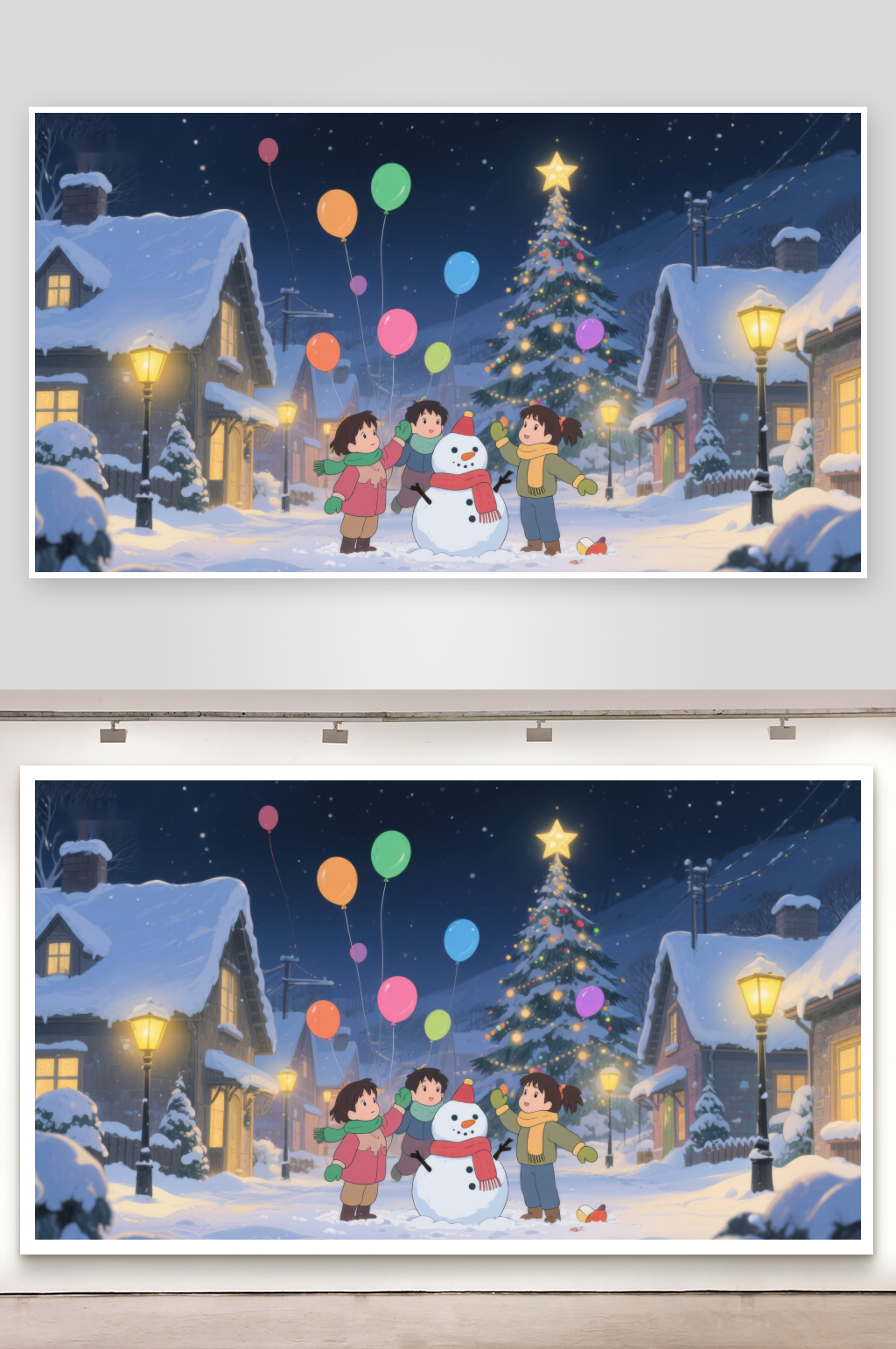 冬夜雪景中孩子们与雪人共度欢乐时光素材