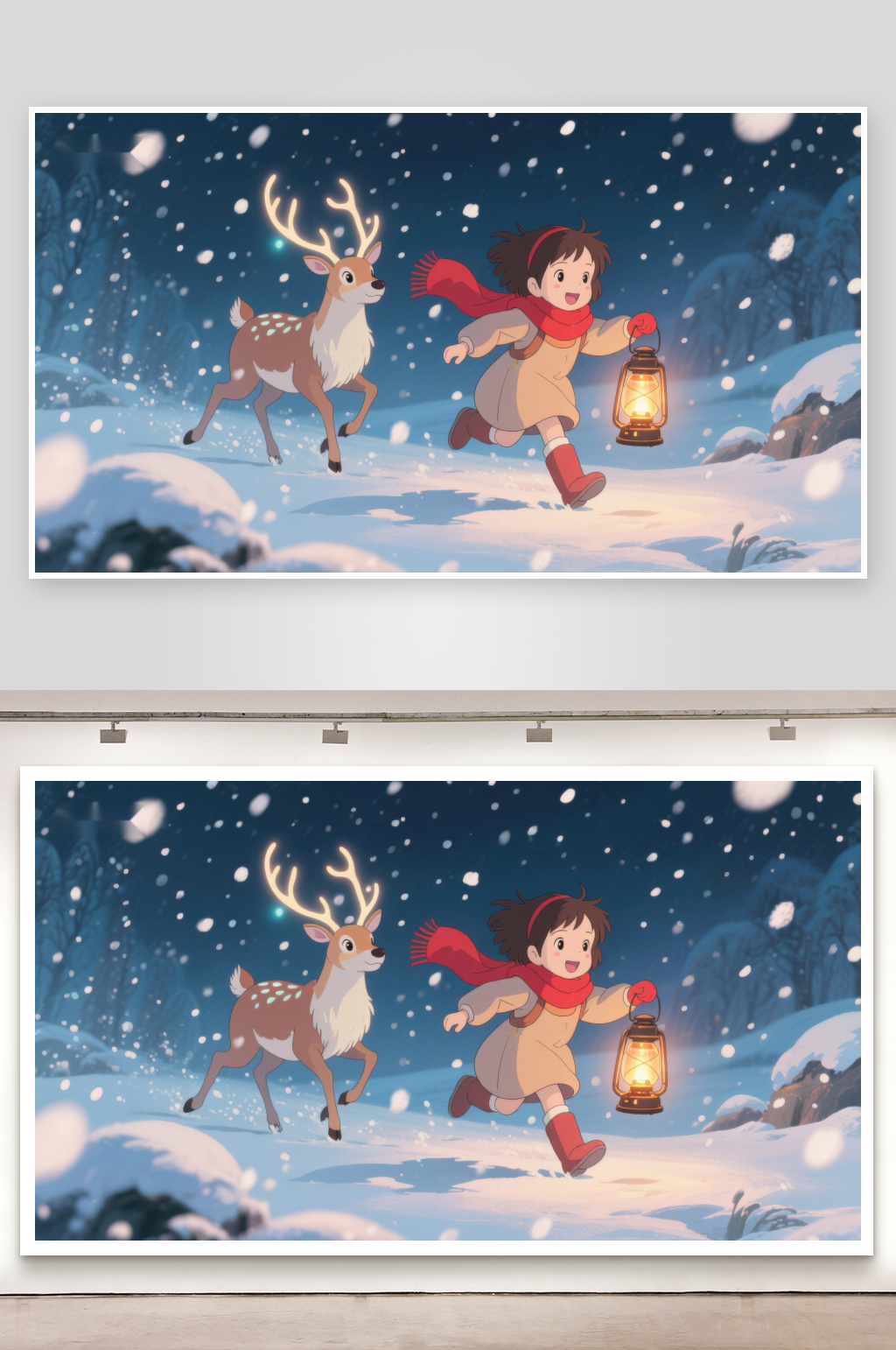 雪夜提灯少女与鹿素材