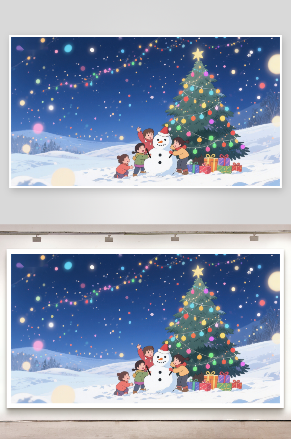 冬夜雪地里的圣诞树与孩子们素材