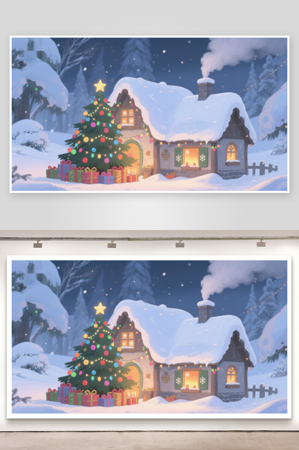 雪夜中的温馨小屋与圣诞树素材