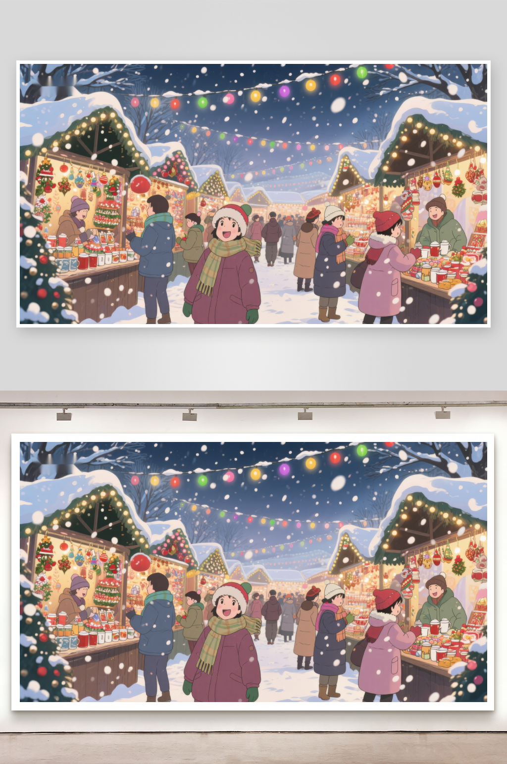 冬日雪夜的热闹市集素材