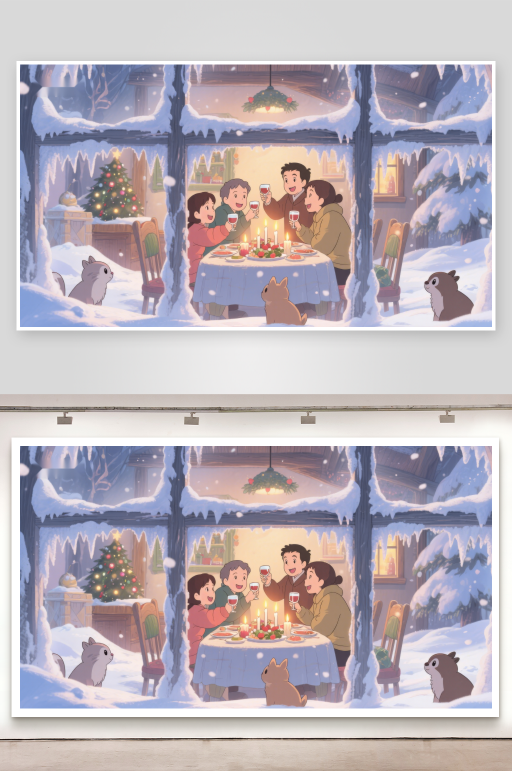 雪夜温馨家庭聚餐素材