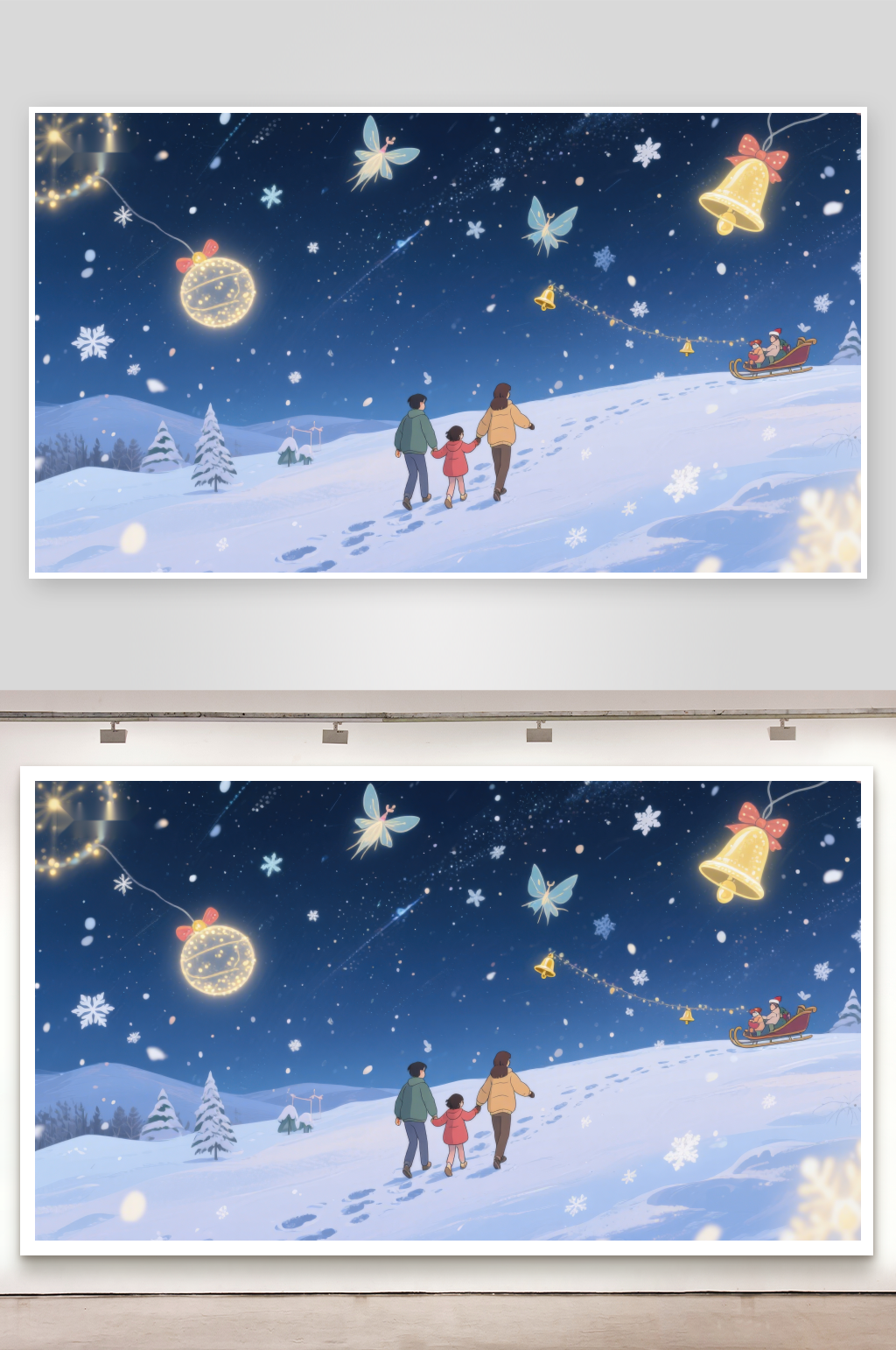 冬夜雪景中一家三口仰望星空素材