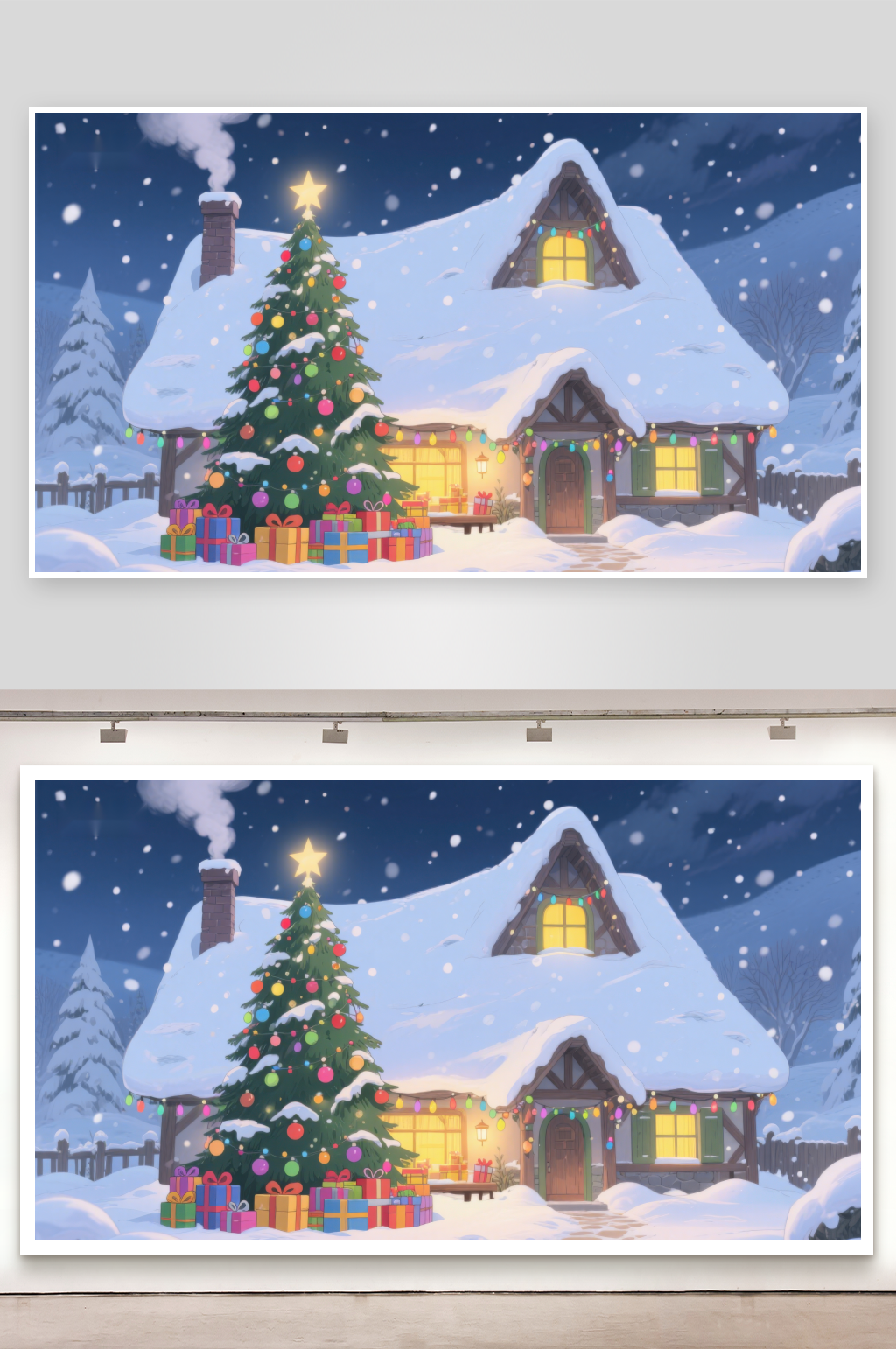 雪夜中的温馨圣诞小屋素材