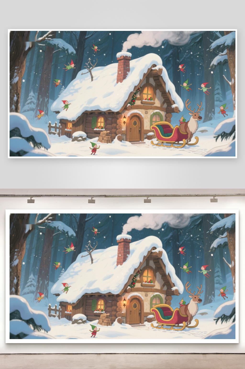 雪夜小屋与驯鹿雪橇素材