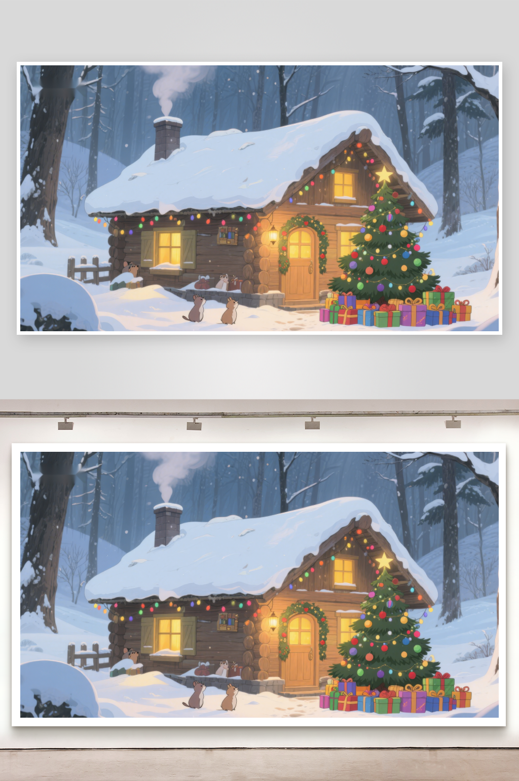 雪夜中的温馨小屋与圣诞树素材