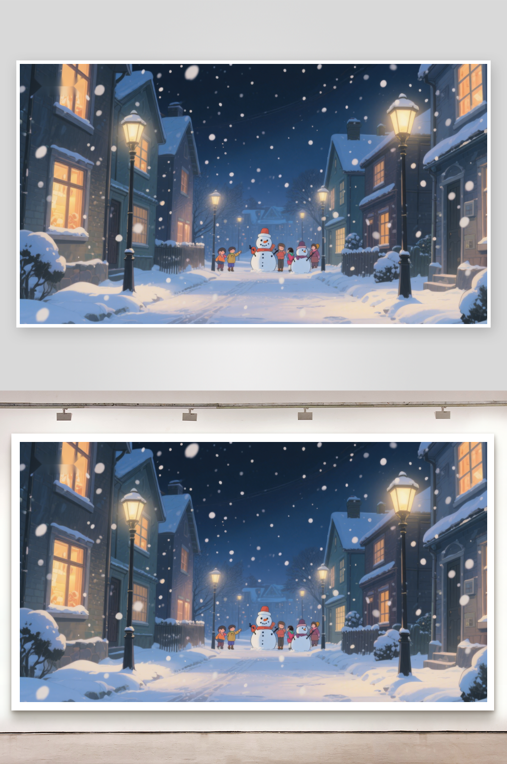 冬夜雪景中的孩子们与雪人素材