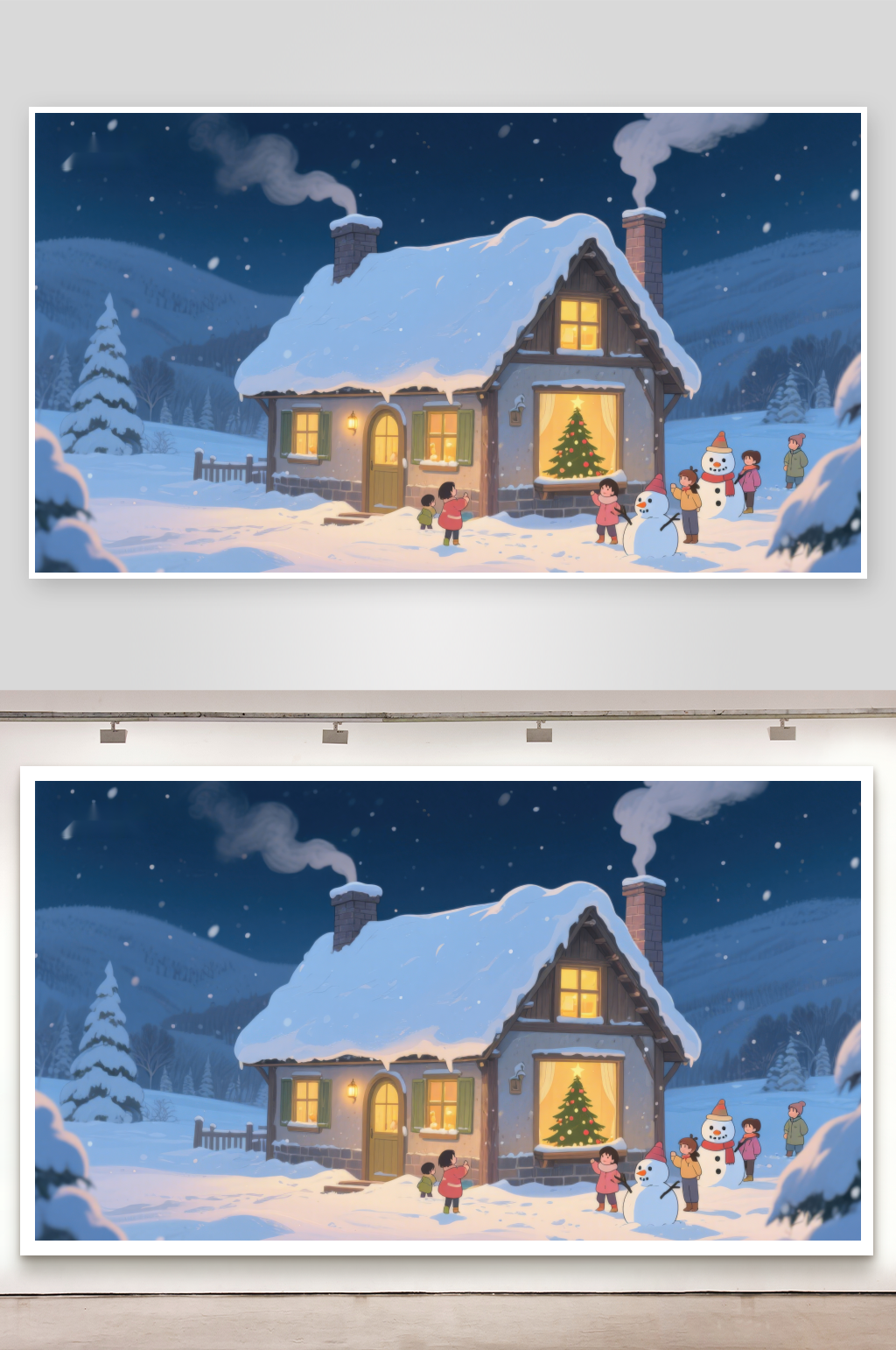 冬夜温馨小屋与雪地欢聚素材
