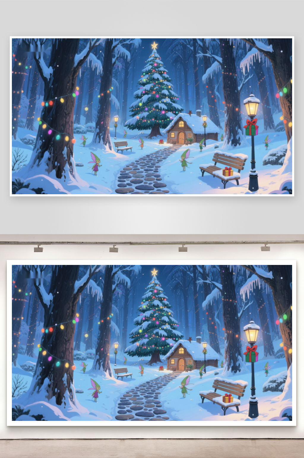 雪夜森林中的圣诞树与小屋素材