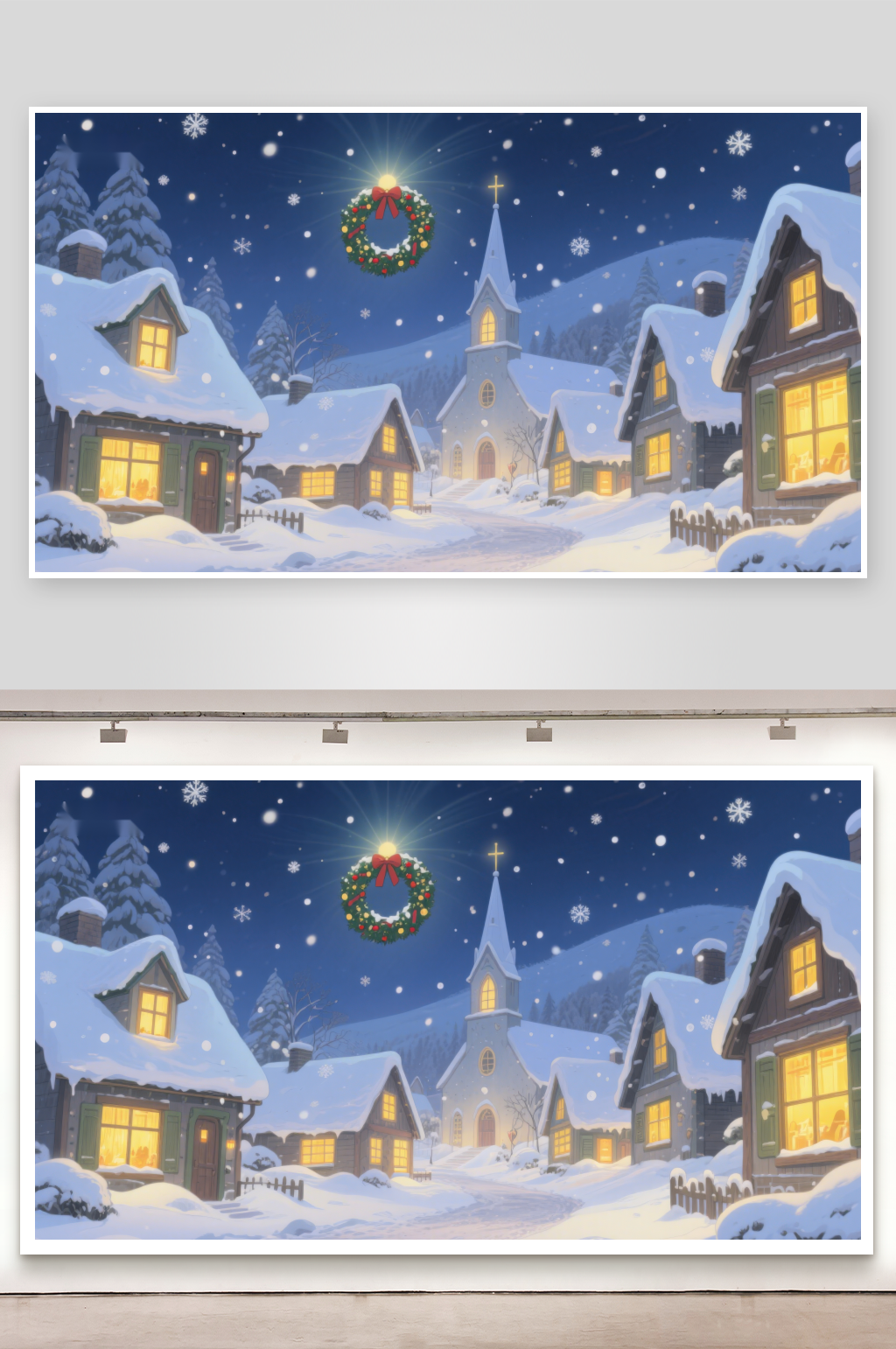 雪夜小镇与教堂的温馨圣诞景象素材