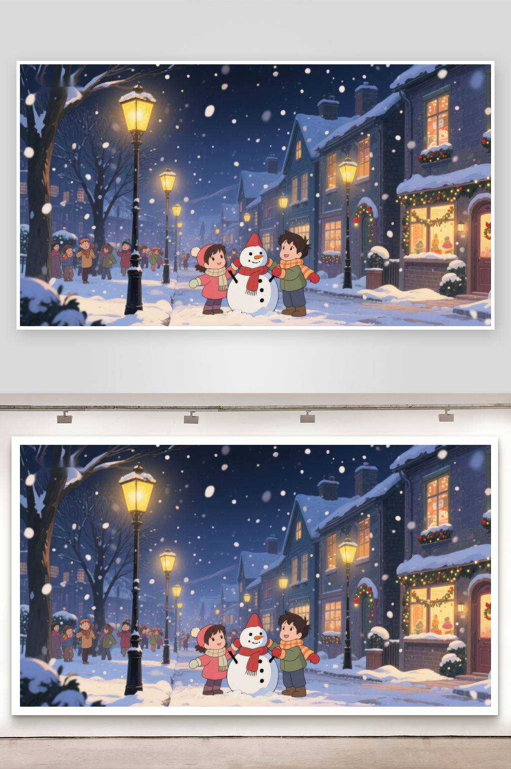 冬夜雪景中孩子们与雪人素材