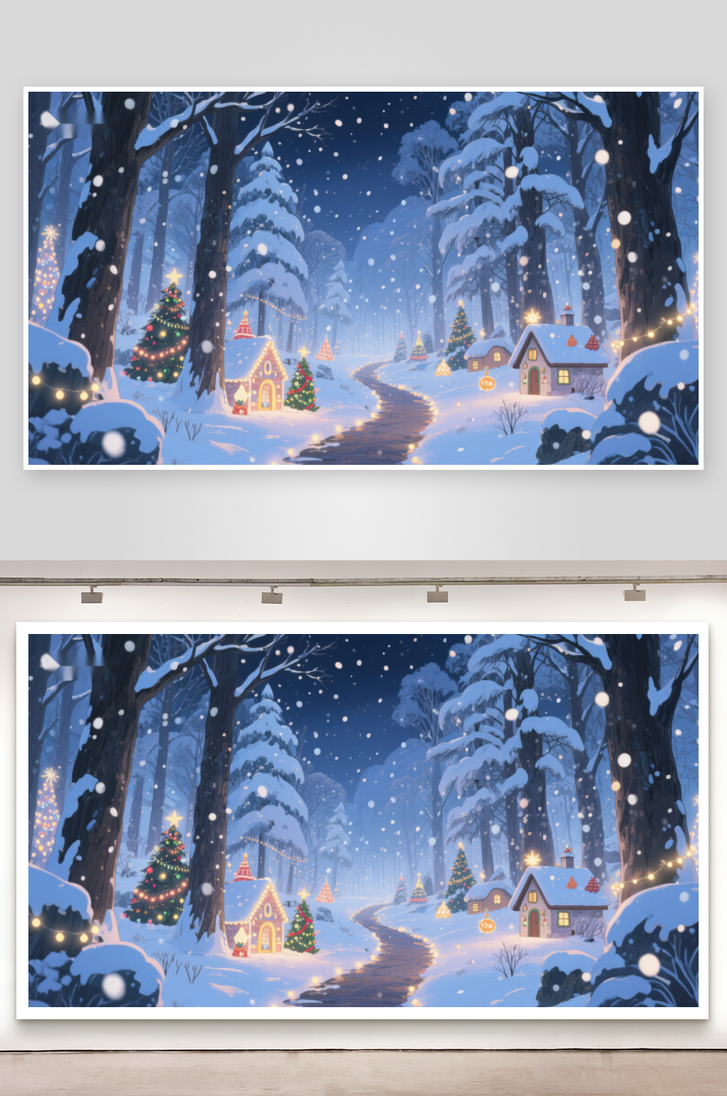 雪夜森林中的温馨小屋素材