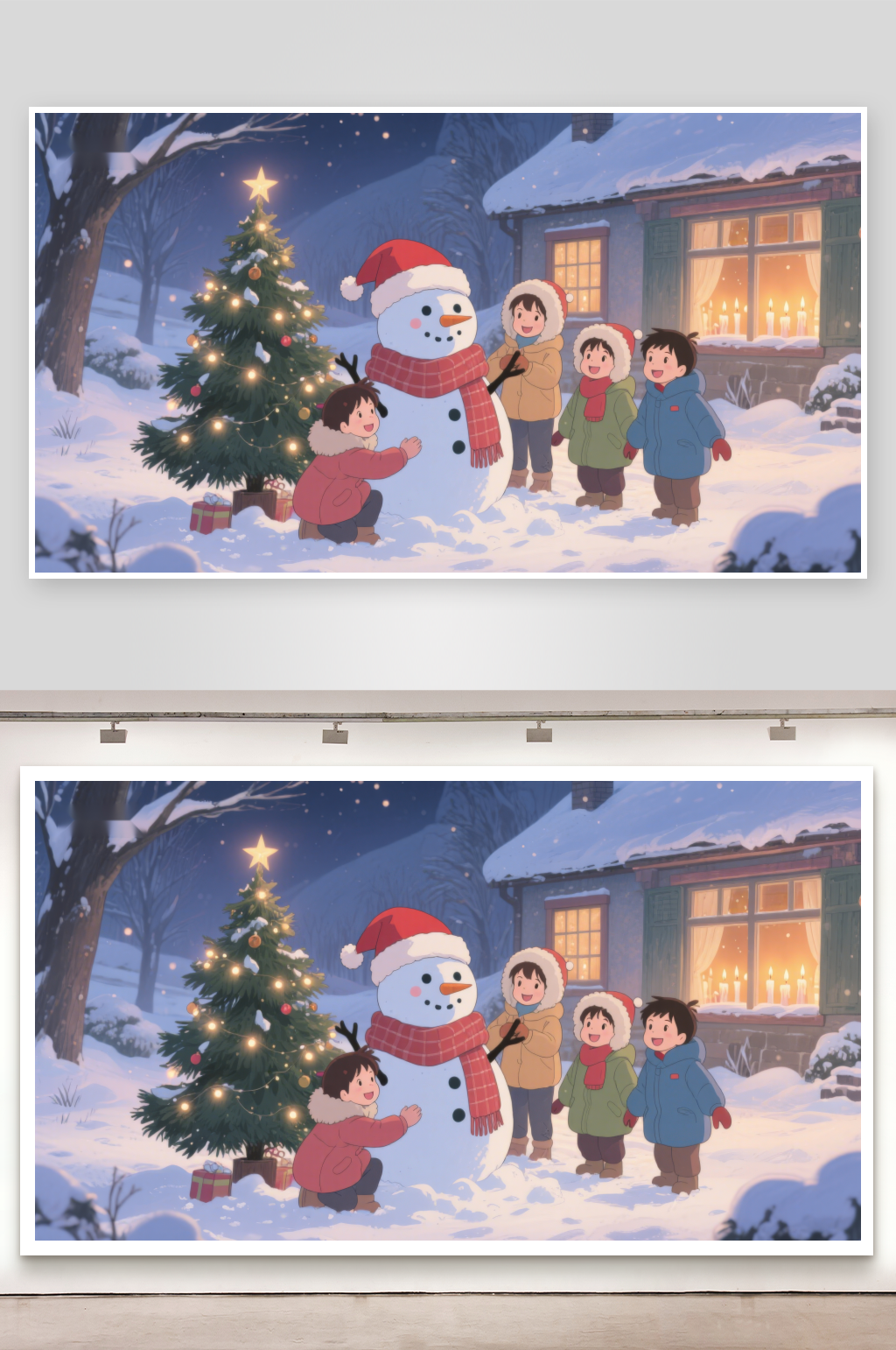 冬夜雪地孩子们与雪人共度圣诞素材