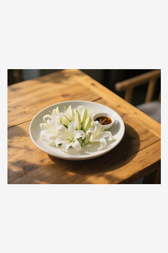白色百合花置于木质桌上的静谧场景-众图网