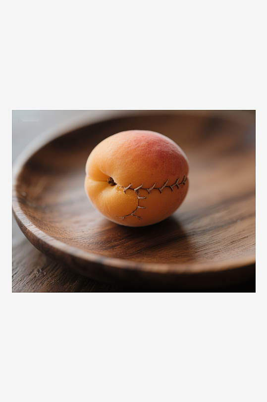 缝合的杏子置于木质盘中-众图网