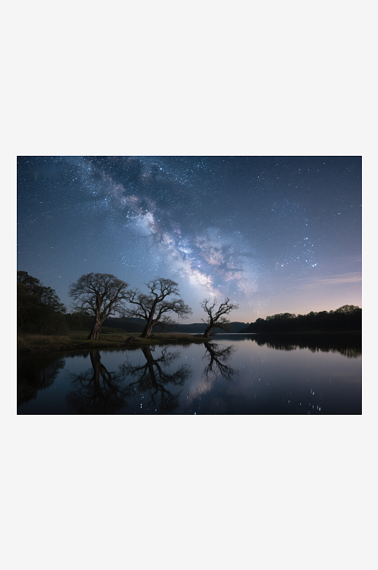 银河映照湖面夜空下的静谧树影-众图网