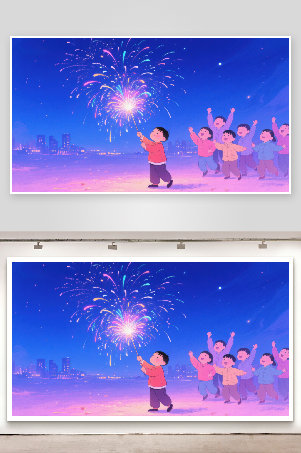 孩子们在夜晚放烟花素材