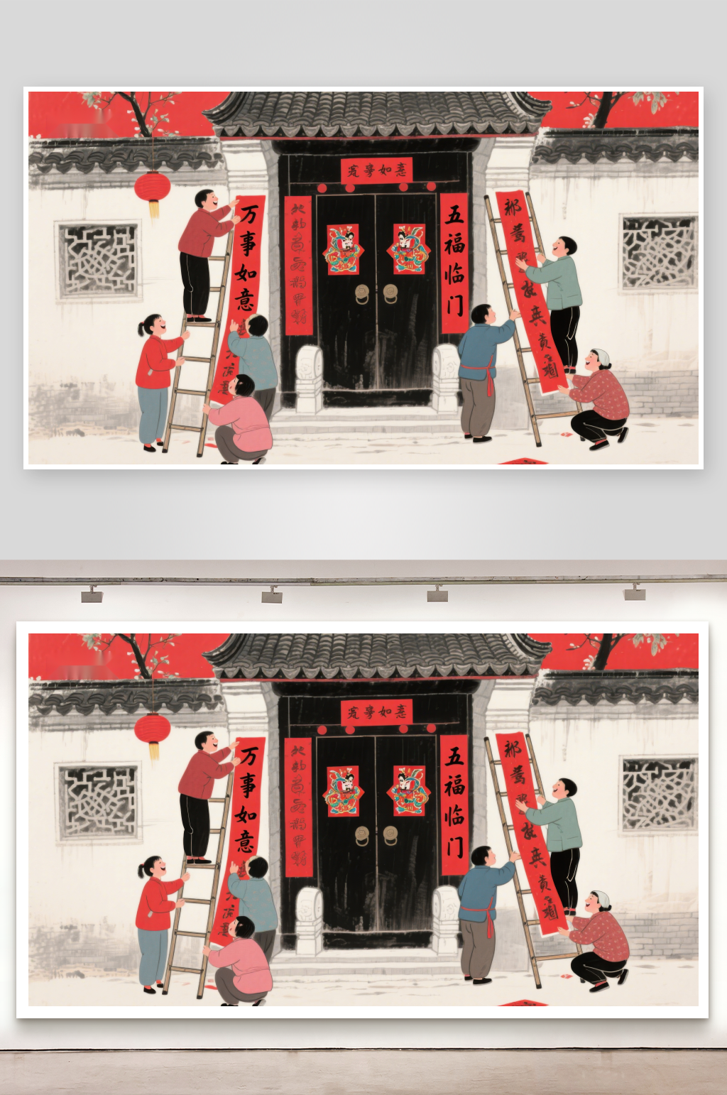 家庭合力贴春联迎新春素材
