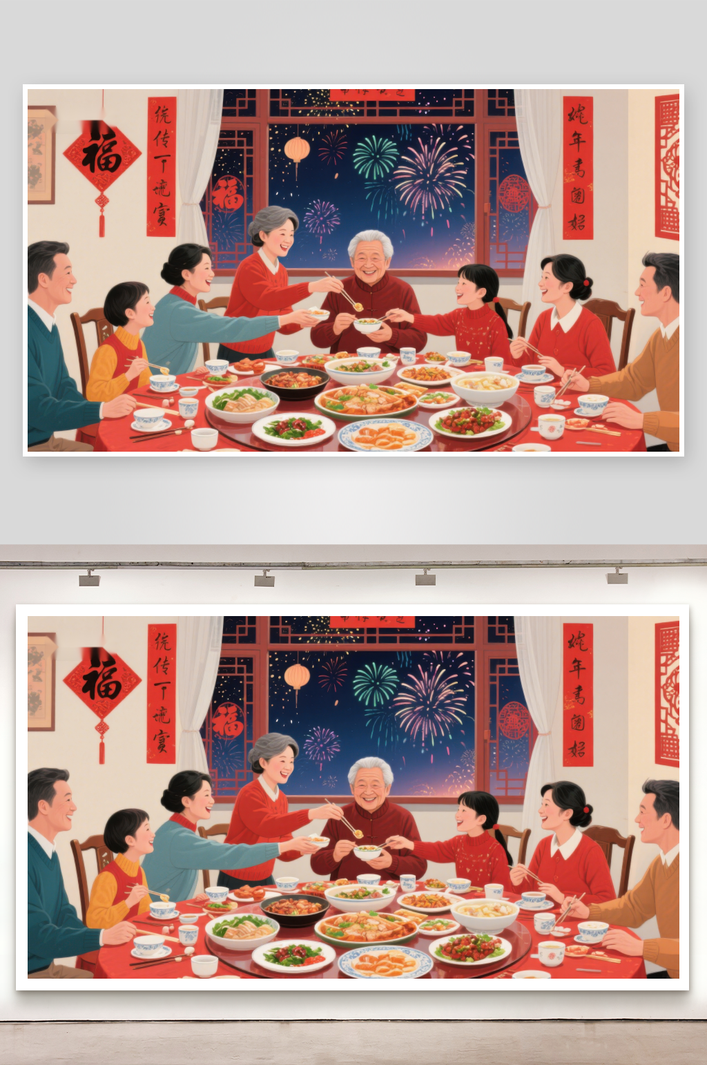 家庭围坐共庆团圆年夜饭素材