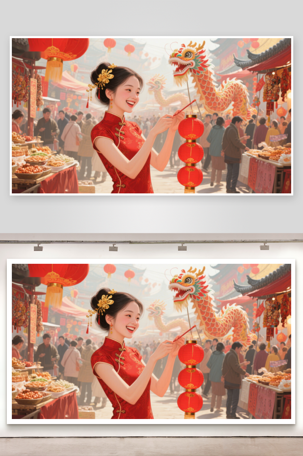女子手持灯笼欢庆春节素材