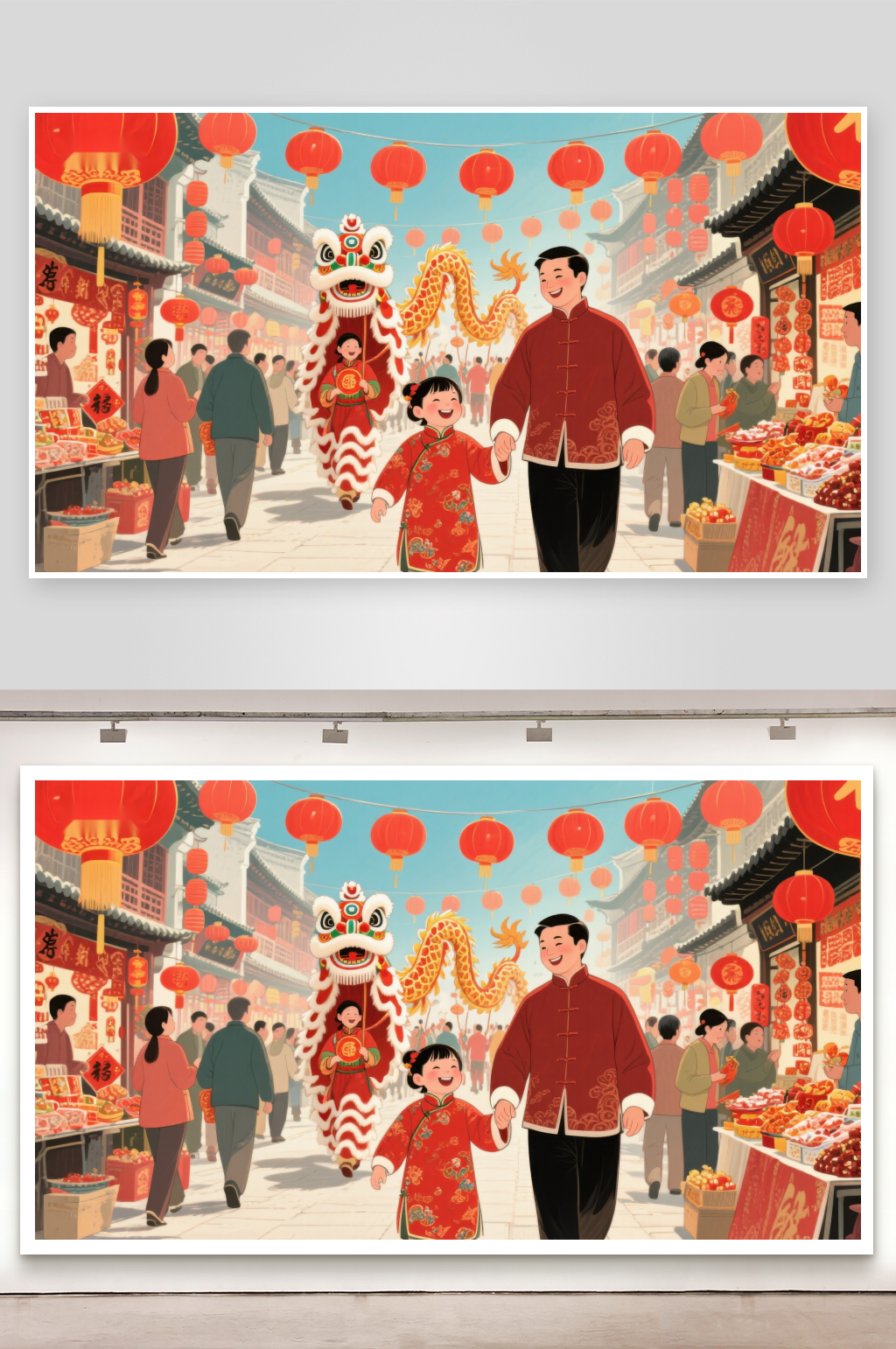 新春佳节父女同游热闹街市素材