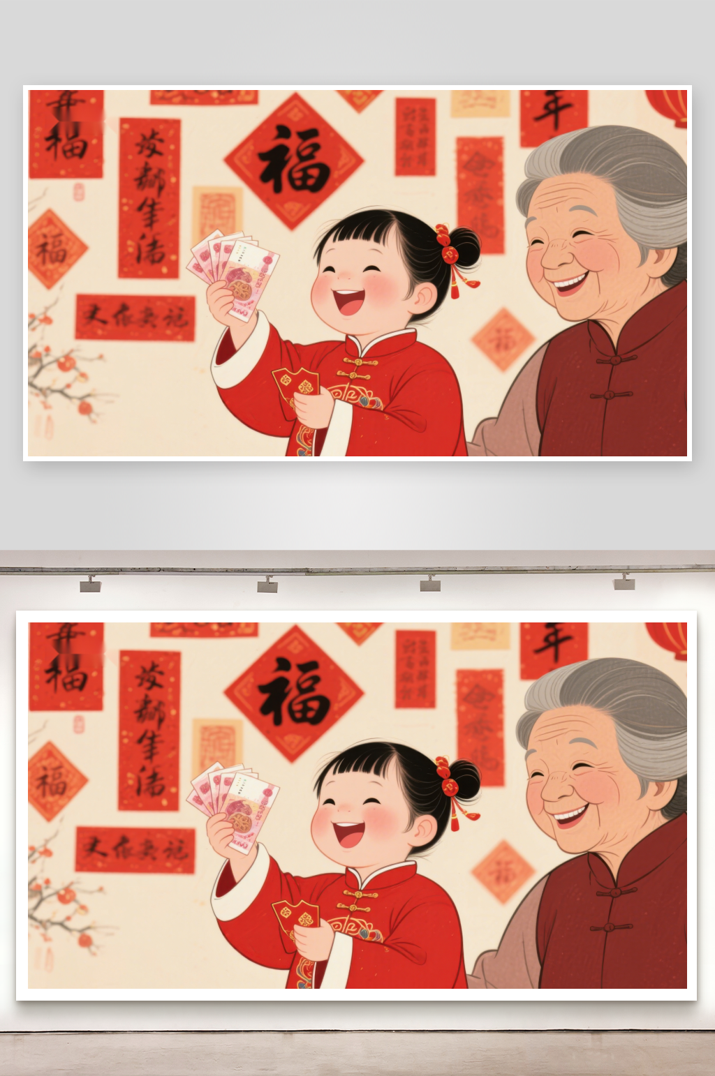 祖孙共庆新春红包传递喜悦素材