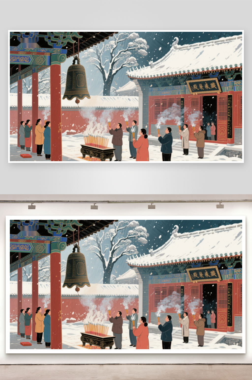 冬日古建筑前众人焚香祈福素材