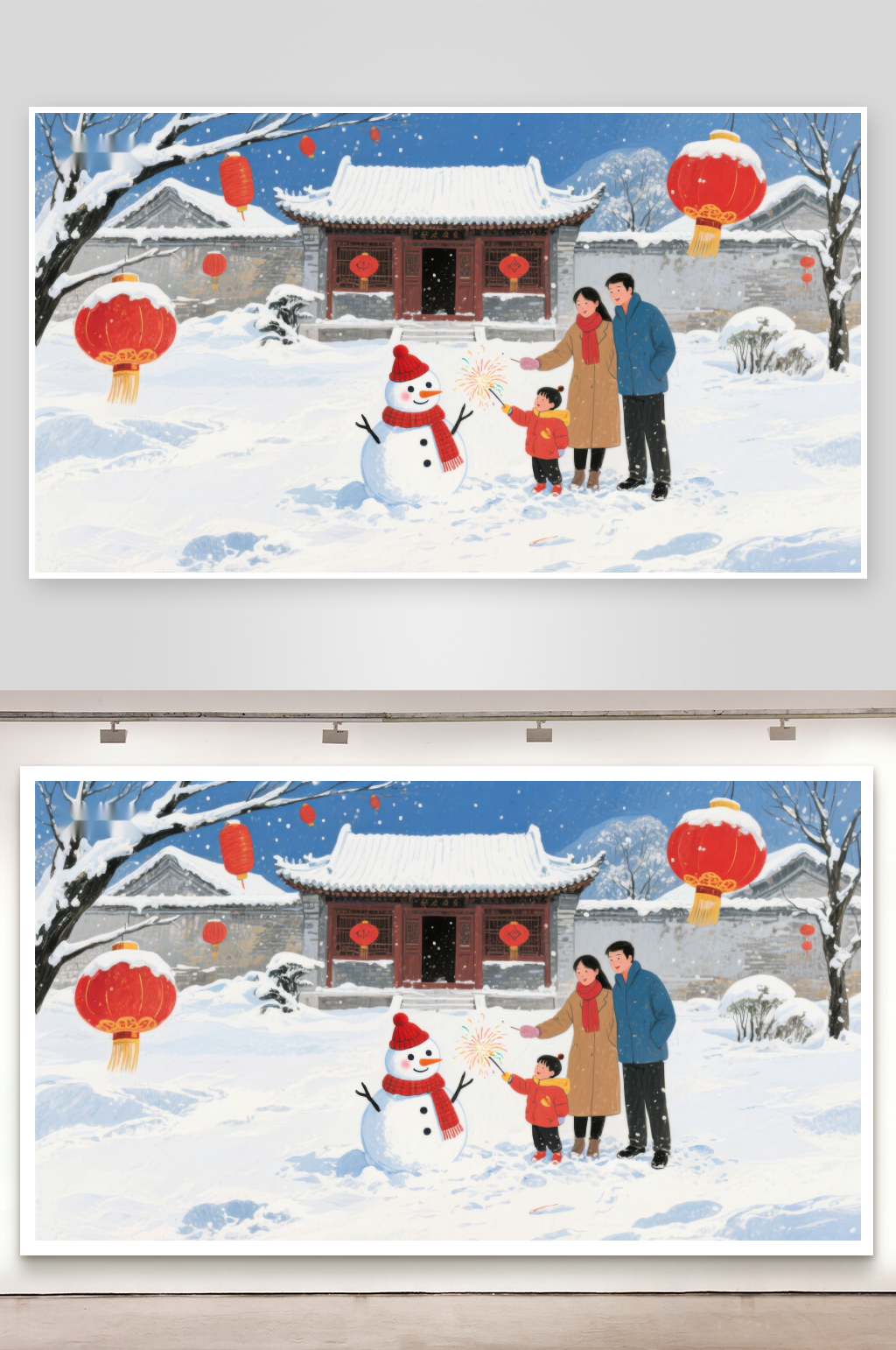 雪中家庭欢乐共筑雪人迎新春素材
