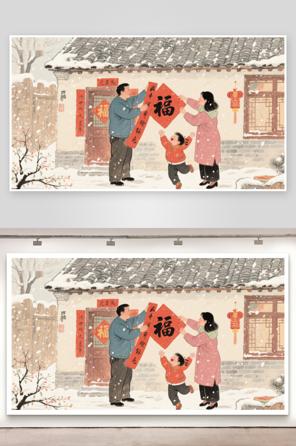 雪中贴福字家庭迎新春素材