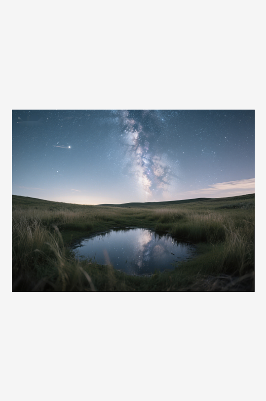 银河映照池塘夜空下的宁静草原-众图网