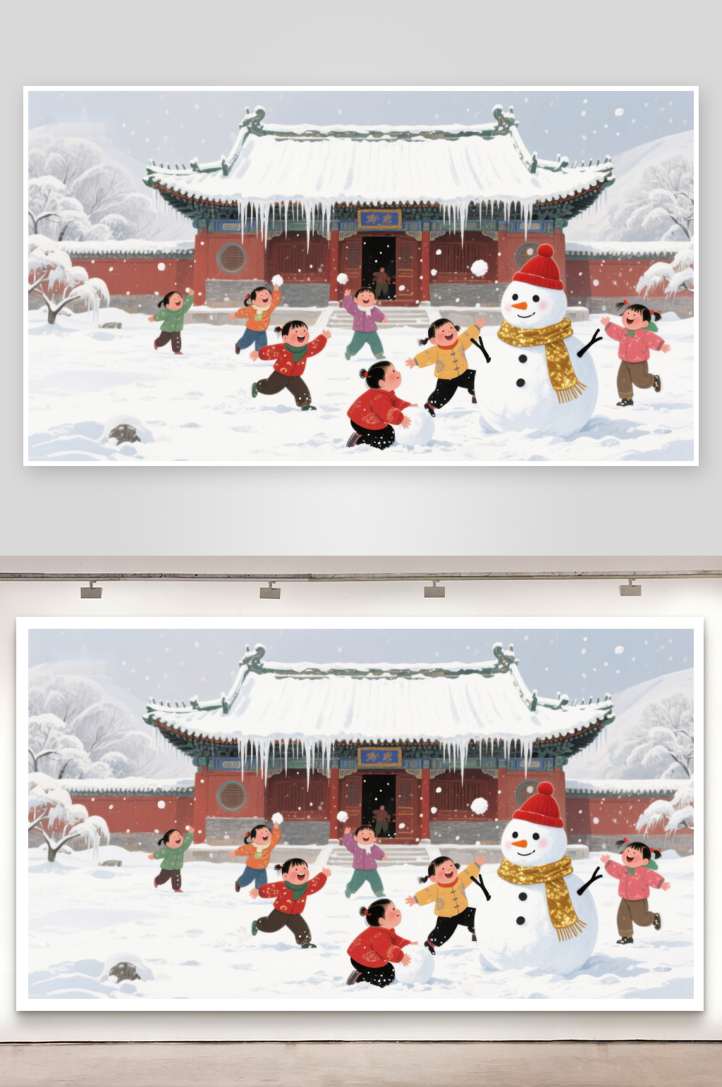 雪中嬉戏古建筑前欢声笑语素材